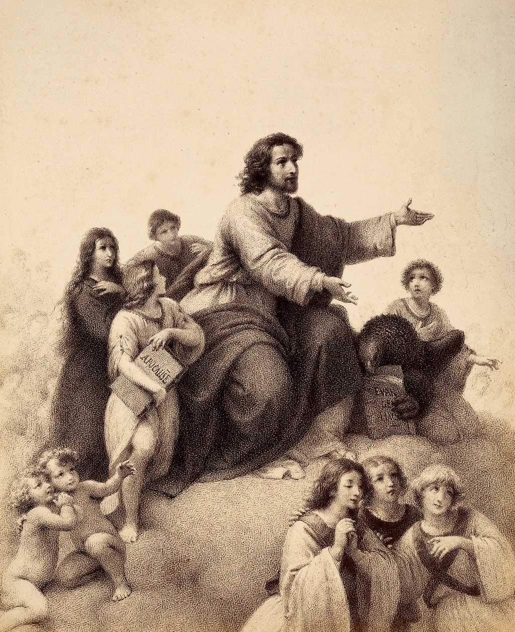 St. Johannes de Evangelist met uitgestrekte armen wordt omringd door jeugd en engelen; aan zijn voeten heeft een adelaar het Evangelie in zijn klauwen; een jongeling, rechts van de heilige, houdt het boek van de Apocalyps (Het Boek Openbaring). Illustratie door Unbekannter Künstler