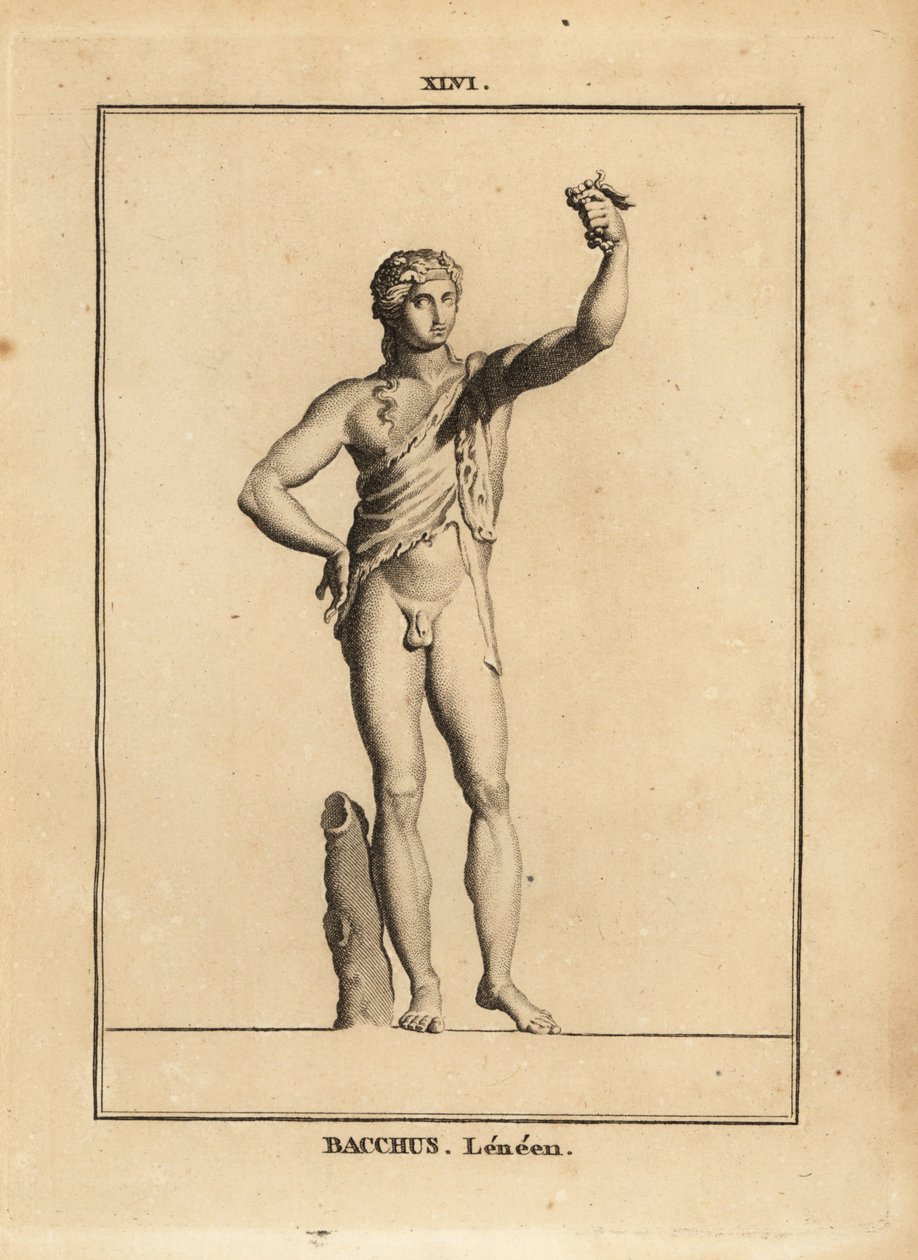 Standbeeld van Bacchus Lenaios, de Romeinse god van de wijn, naakt behalve voor een leeuwenhuid, die een tros druiven perst door Unbekannt