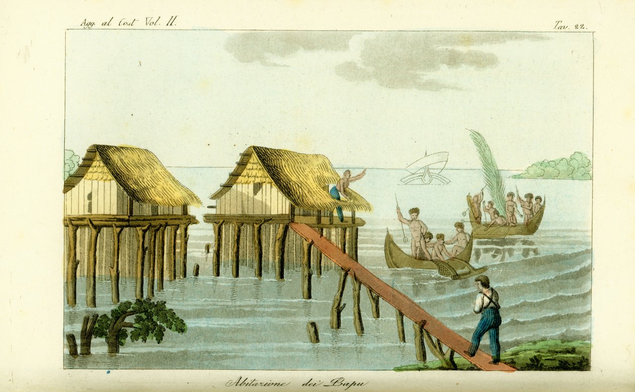 Paaldorpen in de oceaan op Rawak Island, Papoea-Nieuw-Guinea door Unbekannt