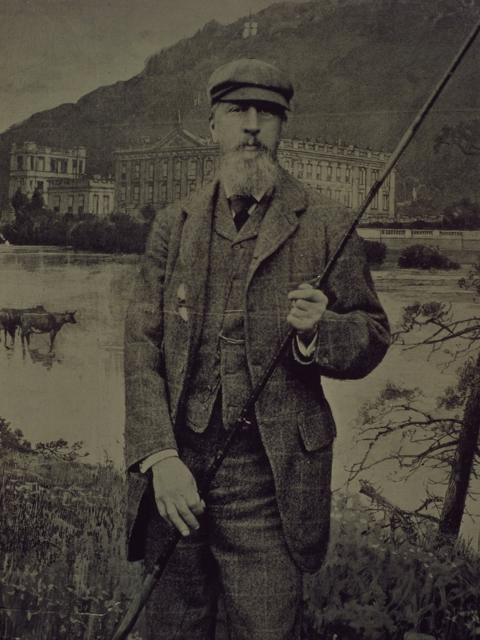 Studioportrait van de 8e hertog van Devonshire in tweed met visstok voor een gedrukt scherm dat Chatsworth toont door William M. Timlin