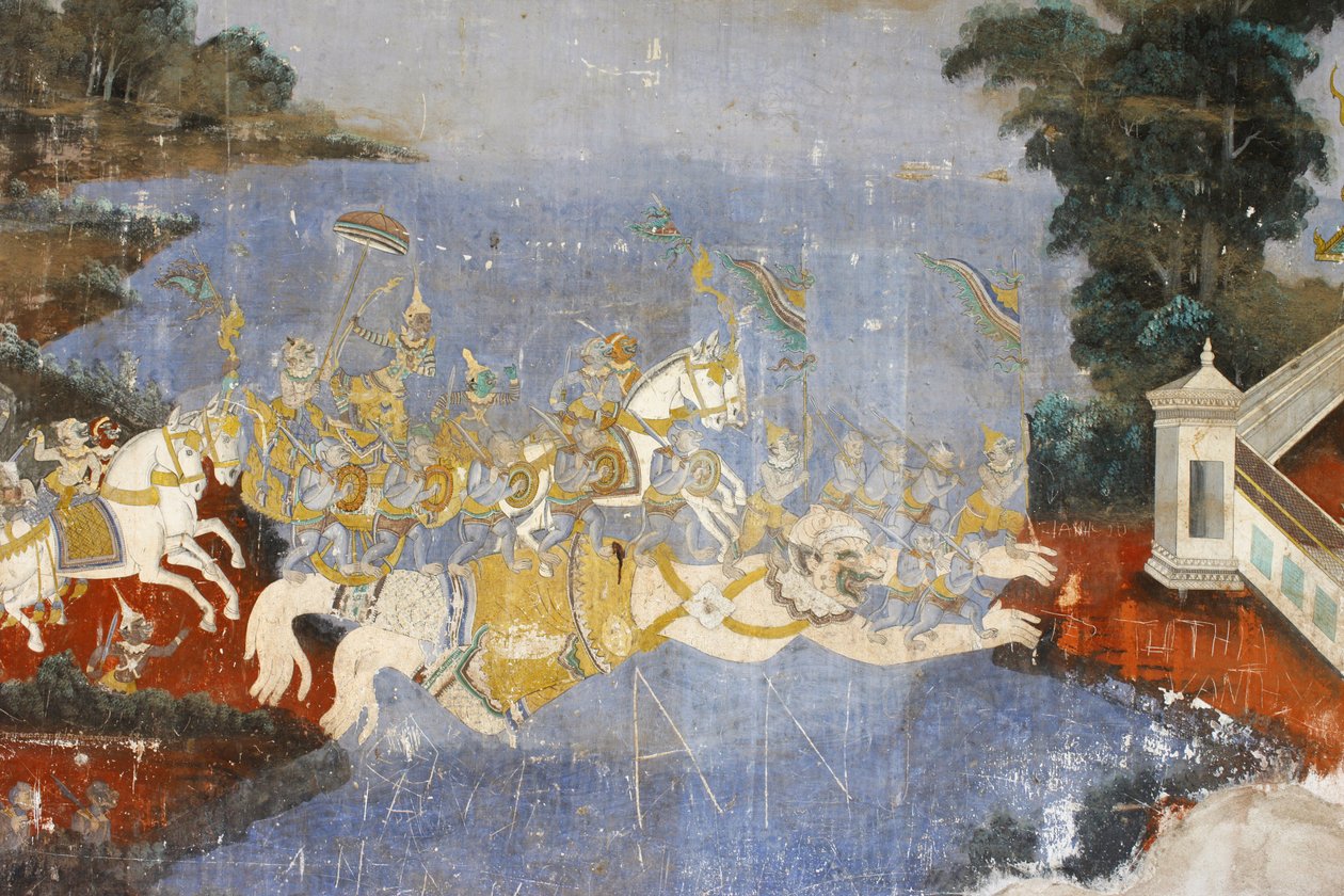 Zilveren Pagode. Deze muurschildering beeldt scènes uit de Reamker uit, de Cambodjaanse of Khmer-versie van het klassieke hindoeïstische gedicht Ramayana, Phnom Penh, Cambodja door Unbekannt
