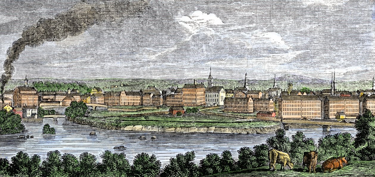 Textielfabrieken langs de Merrimack (Merrimac) en Concord rivieren, Lowell, Massachusetts, VS in de jaren 1830. Gekleurde gravure uit de 19e eeuw. door Unbekannter Künstler