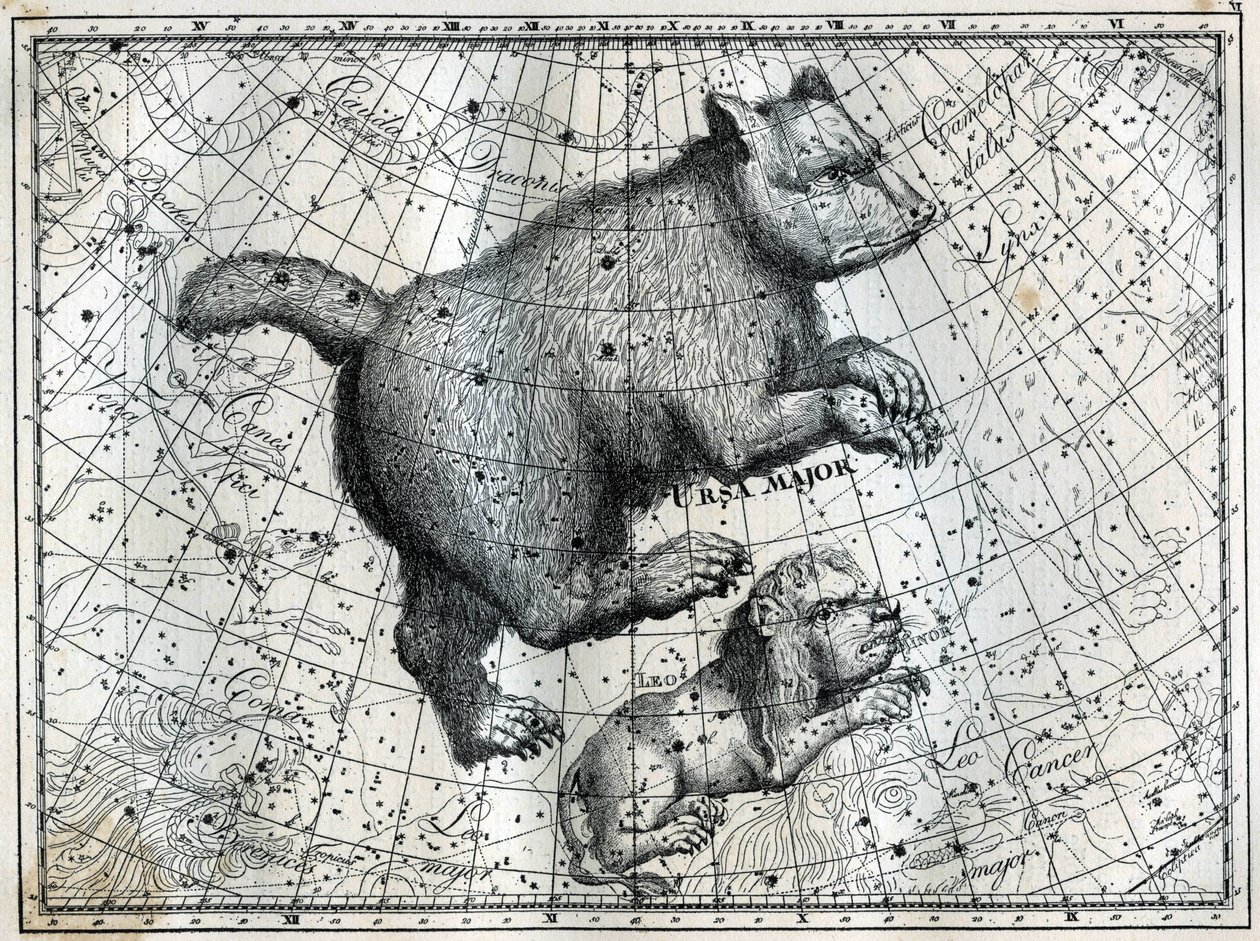 De boreale sterrenbeelden: de Grote Beer en de Kleine Leeuw. Gravure uit Camille Flammarion
