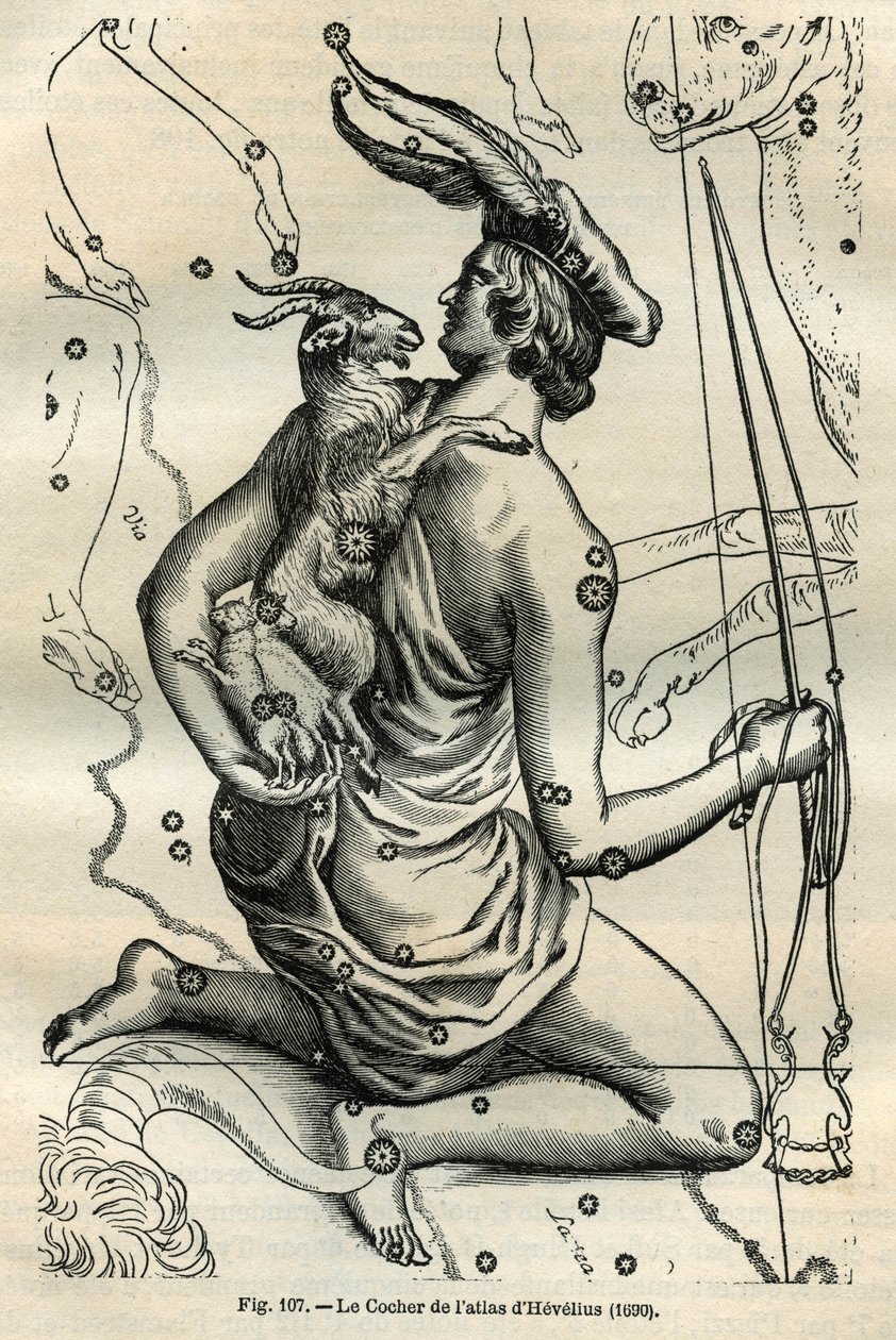 De Koets van de Atlas van Hevelius (1690): Het sterrenbeeld van de Koets, die in de rechterhand een zweep en teugels houdt en op de linkerarm de Chevre en twee chevrals, is een van de oudste in de Griekse sfeer. Gravure uit Camille Flammarion