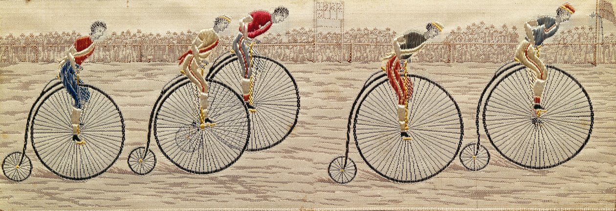 De laatste ronde, Penny Farthing Race geweven zijde Stevengraph, door Thomas Stevens uit Coventry door Unbekannter Künstler