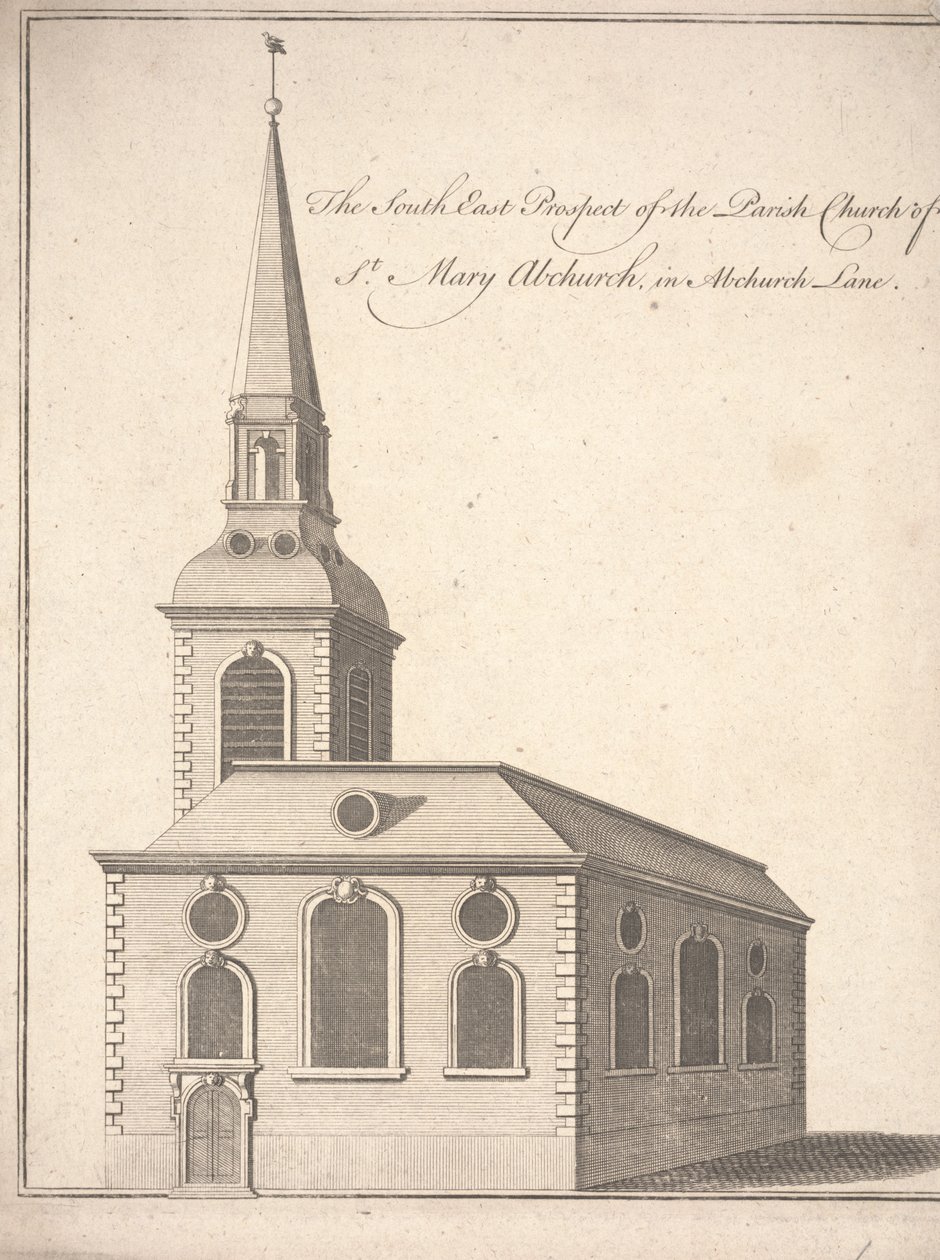 Het zuidoostelijke uitzicht van de parochiekerk van St. Mary Abchurch, in Abchurch Lane, ca. 1740 (gravure) door Unbekannter Künstler