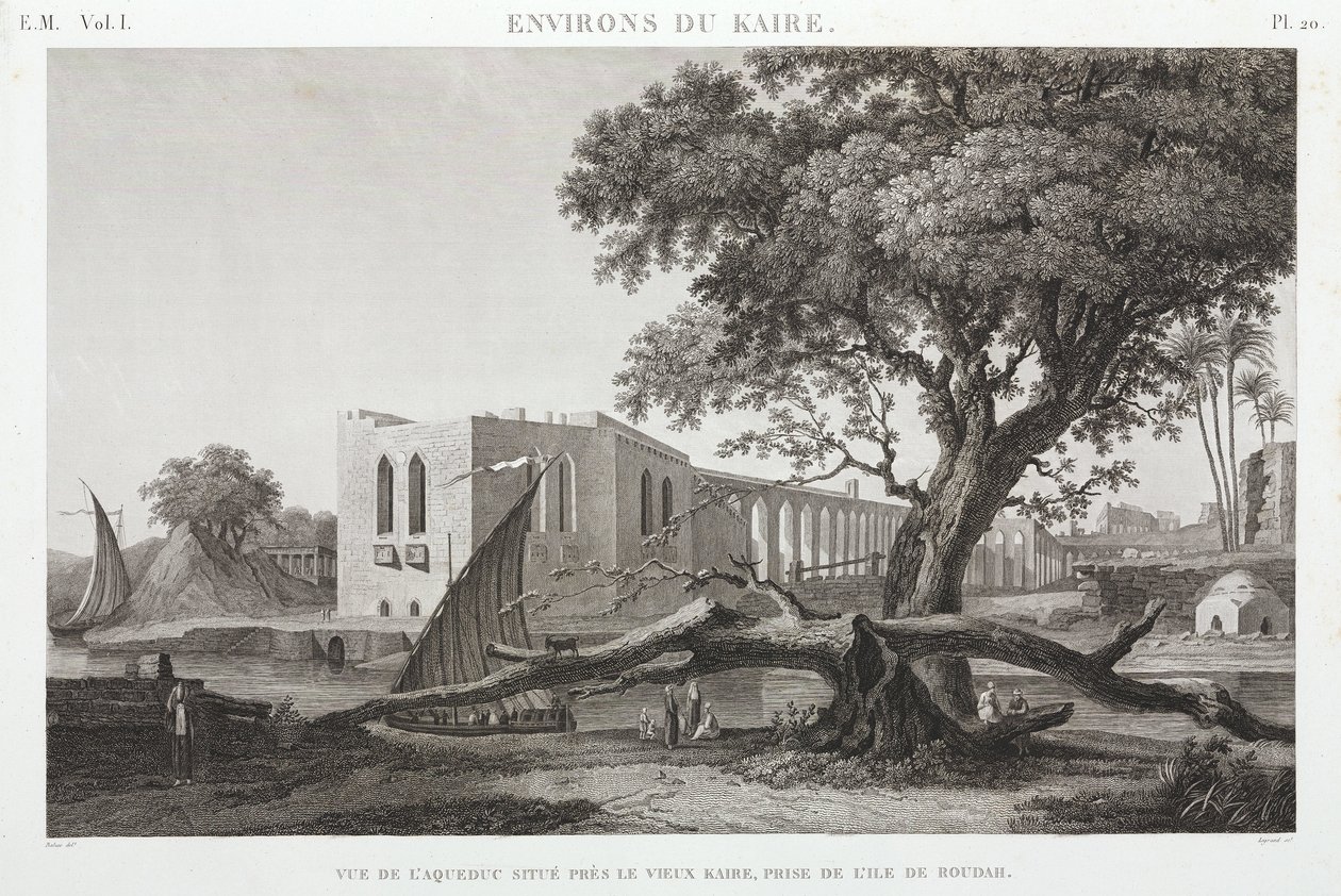 Het aquaduct in Oud Caïro, vanaf het eiland Roudah, Egypte, ca. 1798 door Unbekannt