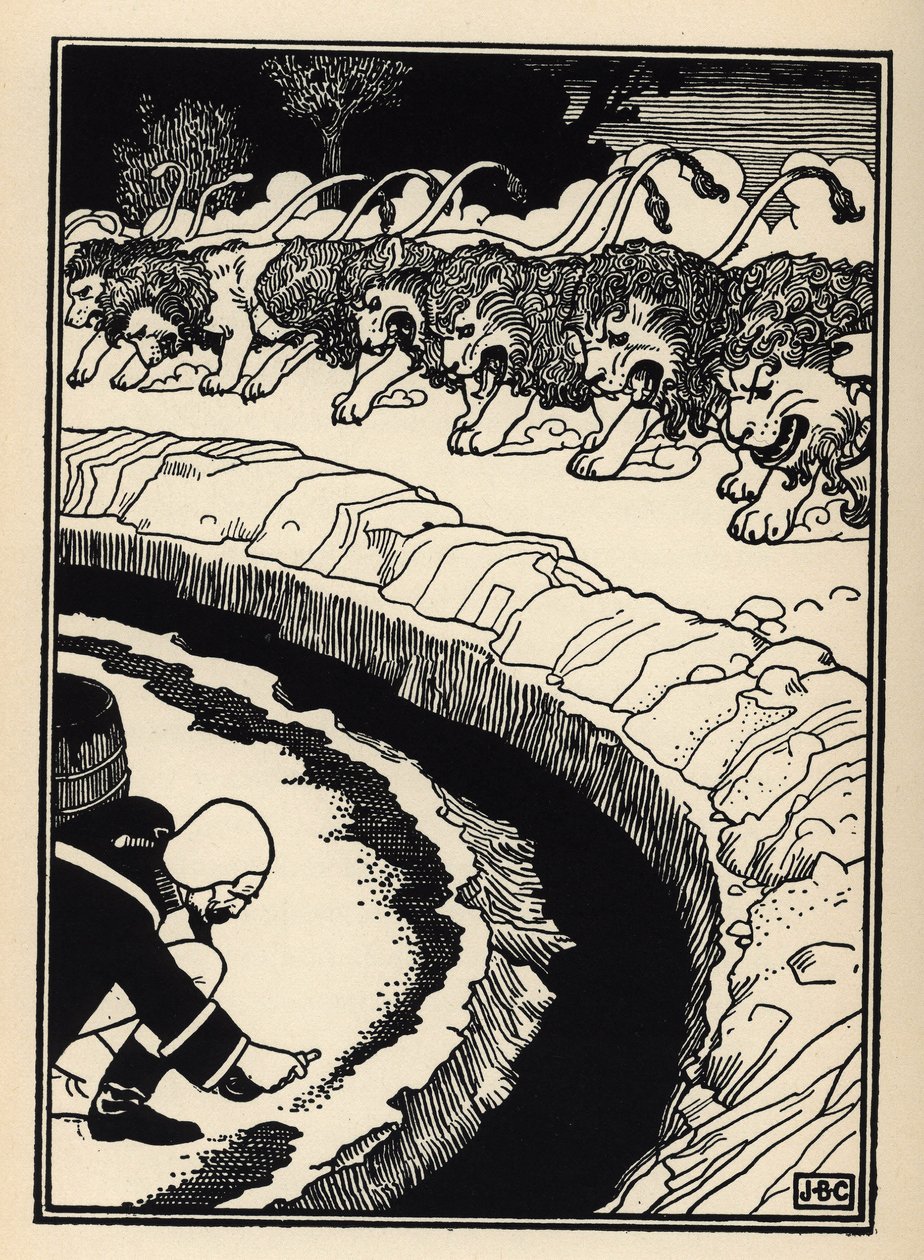 De baron verdedigt zich tegen de aanval van leeuwen door buskruit in brand te steken. Illustratie door William Strang (1859-1921) en JB Clark uit “The Adventures of the Baron of Munchausen (Munchhausen) door Rudolf Erich Raspe (1736-1794) (1789) door Unbekannt