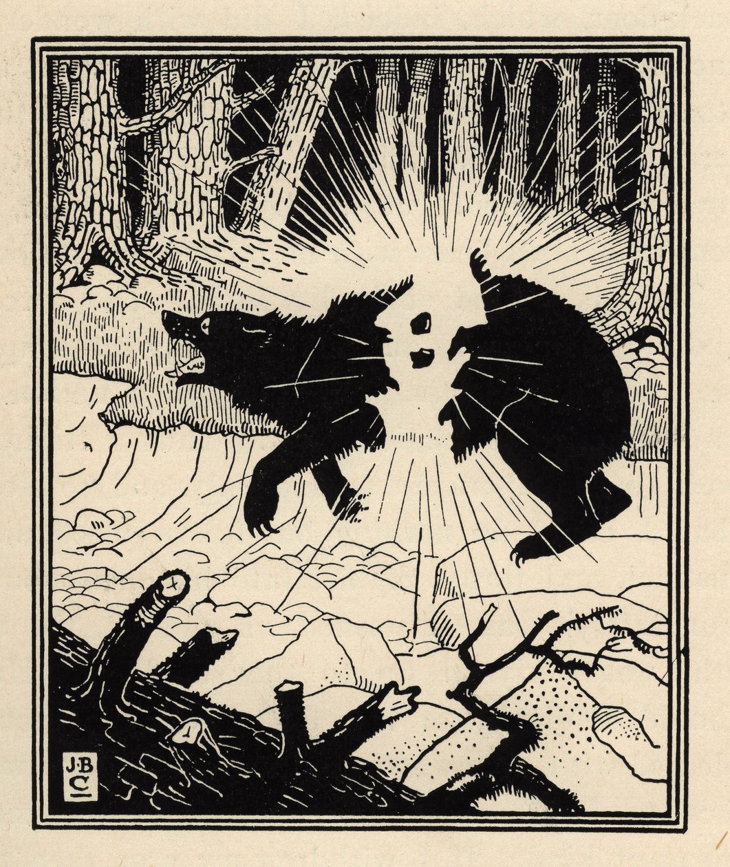 De baron blaast een zwarte beer op met twee vuurstenen. Illustratie door William Strang (1859-1921) en JB Clark uit “The Adventures of the Baron of Munchausen (Munchhausen) door Rudolf Erich Raspe (1736-1794) (1789) door Unbekannt