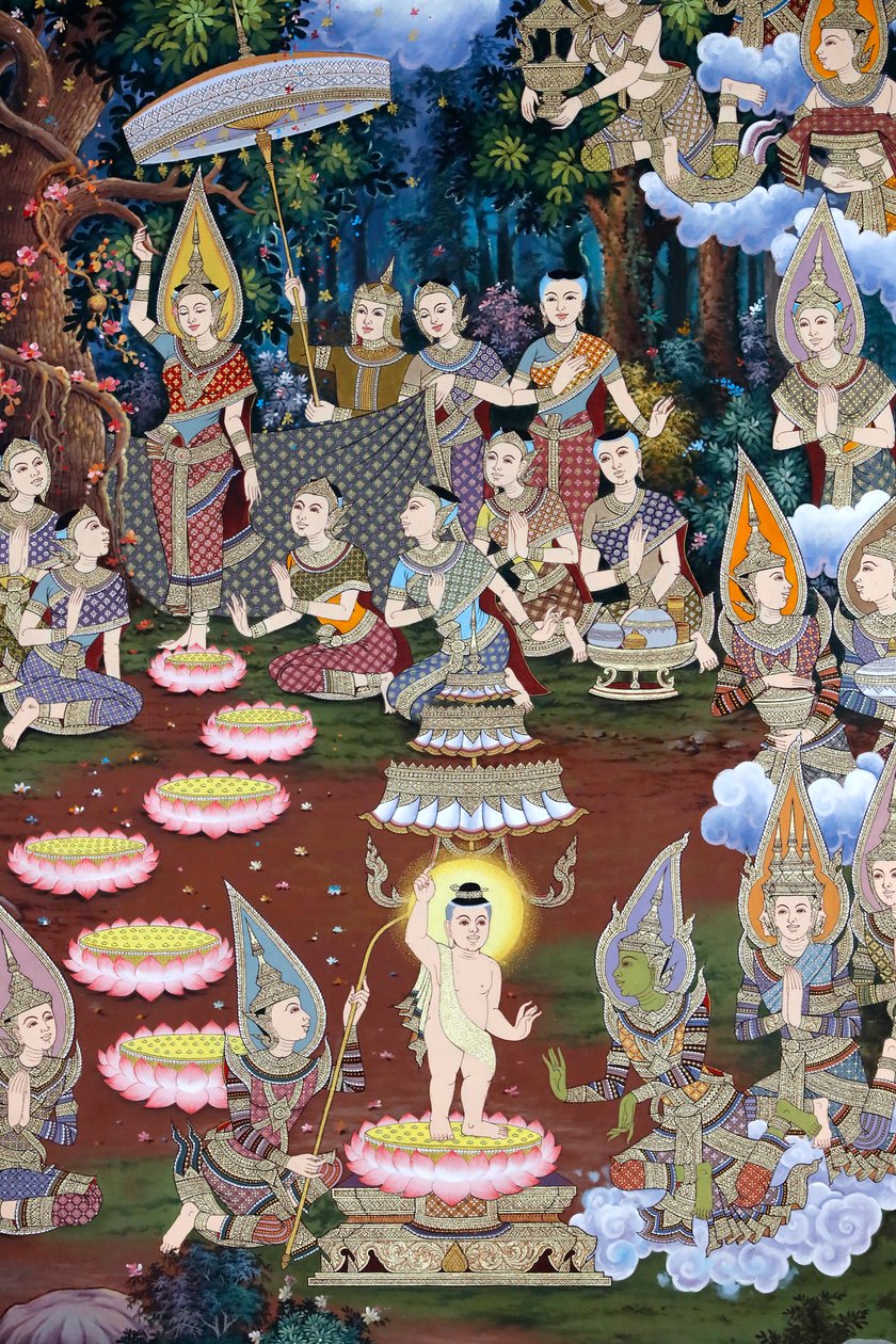 De geboorte van de baby Siddhartha, muurschildering, Wat Maniratanaram klooster, Phnom Penh, 2022 (foto) door Unbekannter Künstler