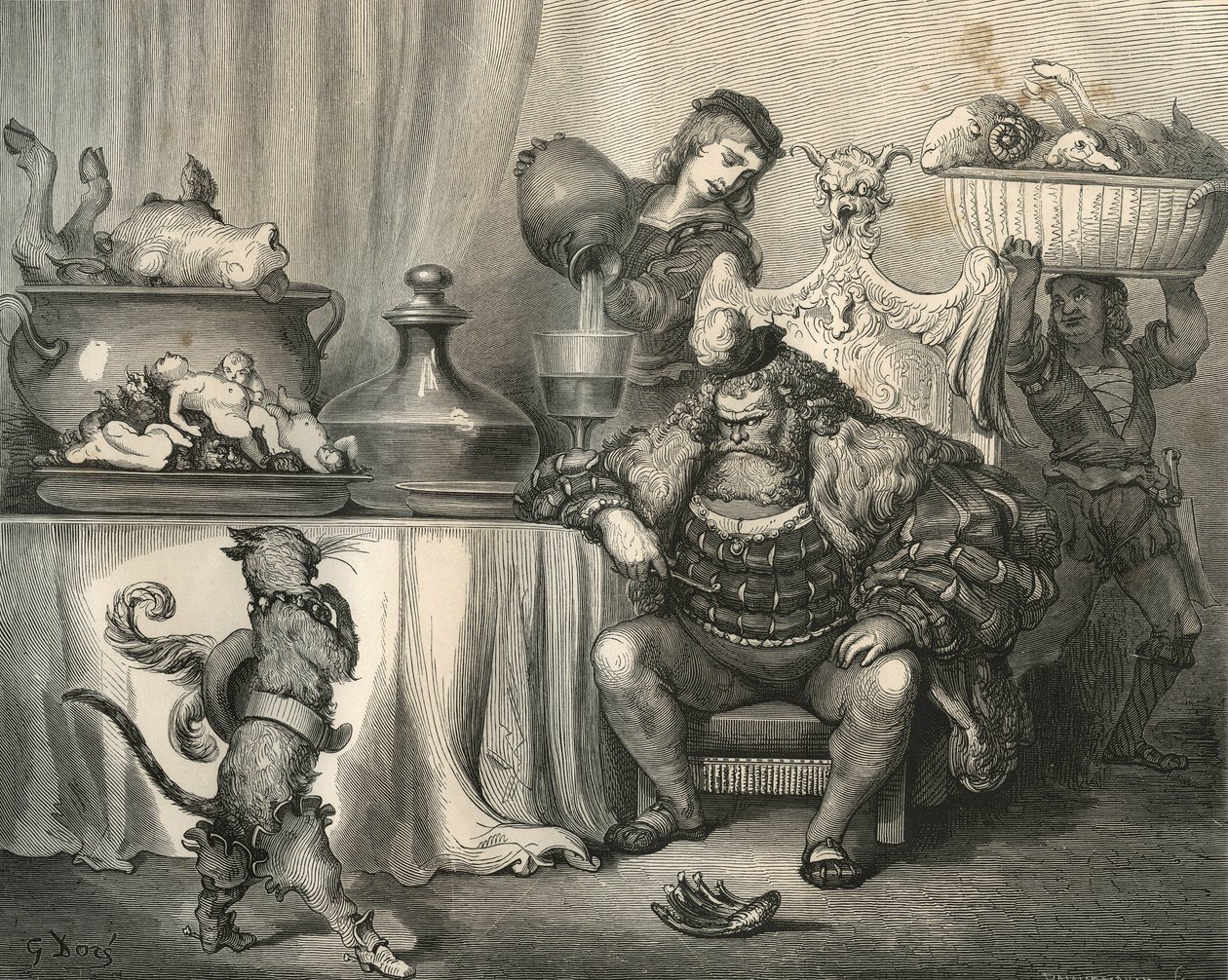 De laars kat ontmoet de reus. Gravure door Gustave Doré (1832-1883) uit 