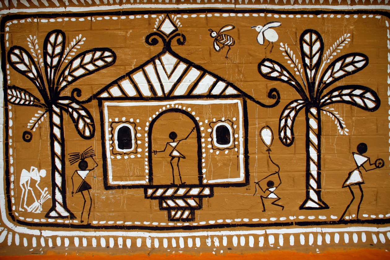 De grensmuur van het Fine Art Institute van Dhaka University, geschilderd door de studenten, voorafgaand aan Pahela Baishakh. Dhaka, Bangladesh. 13 april 2008. door Unbekannt