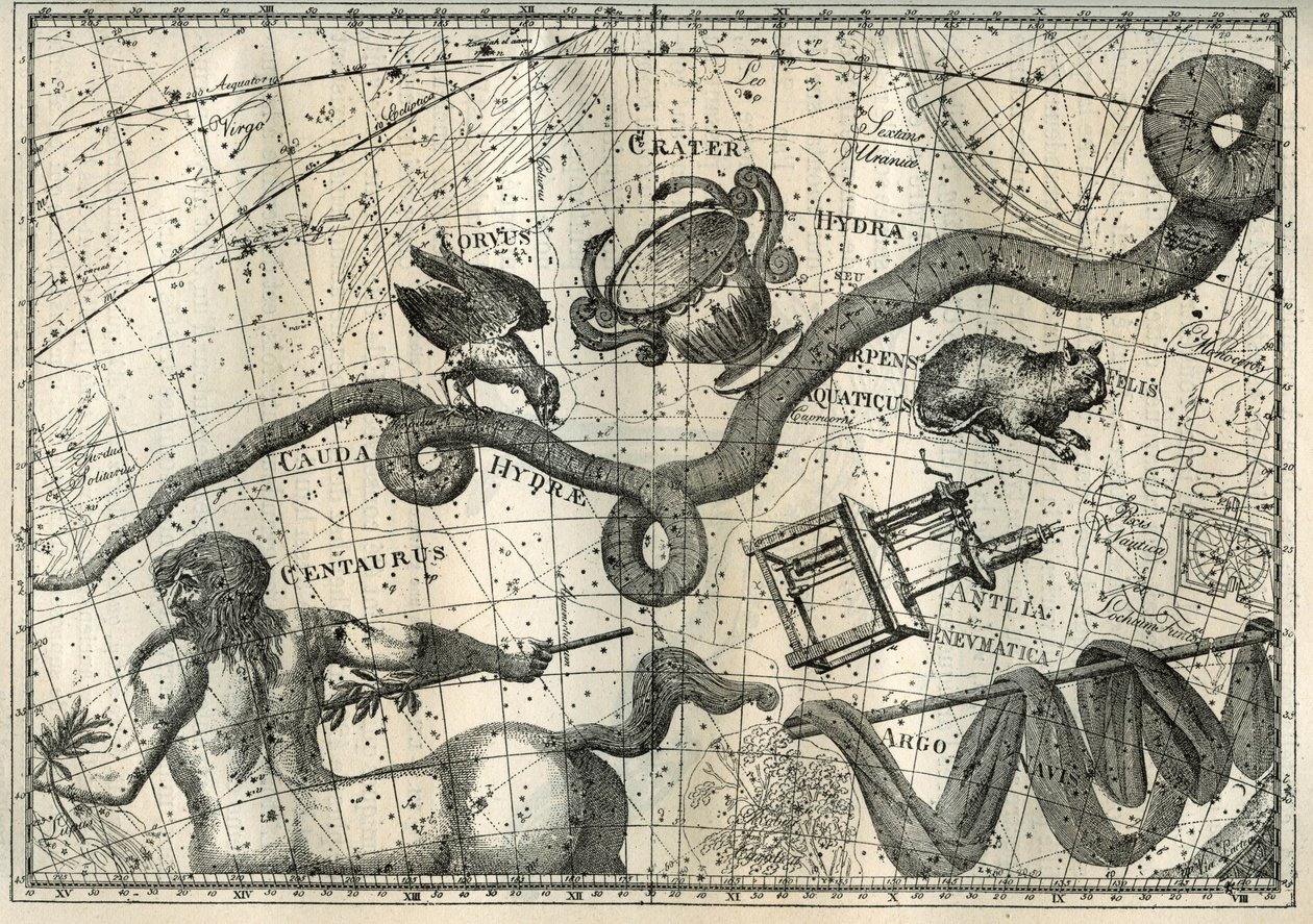 Het sterrenbeeld Hydra, met een Curbeau die het prikte en een Beker van Balanceren, afkomstig uit de mythe van Apollo die een kraai met een beker vol water had gestuurd om een offer te brengen aan Jupiter. Onder de Hydre, de Franse astronoom Lalande (1732- door Unbekannter Künstler