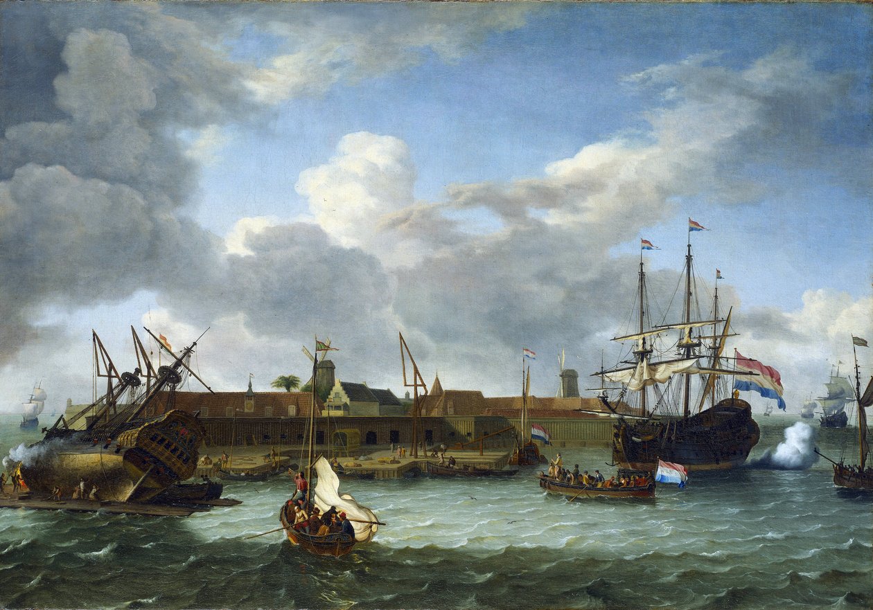 Het eiland Onrust, voor de kust van Batavia (nu Jakarta, Indonesië), uitgerust met alle infrastructuren die nodig zijn voor commerciële activiteiten en onderhoud van de schepen van de Nederlandse Oost-Indische Compagnie door Unbekannter Künstler