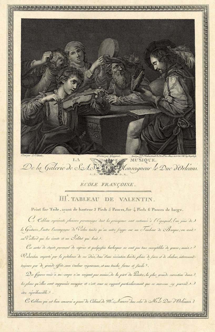 De muziek. Gravure van de galerij van Zijne Excellentie de Hertog van Orléans naar een schilderij van de schilder Le Valentin door Unbekannter Künstler