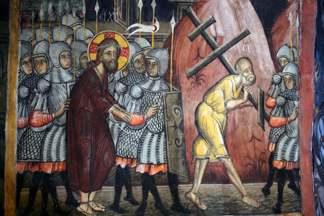 De passie van Christus Simon draagt het kruis Byzantijnse fresco uit het Agios Ioannis Lampadistis-klooster, Sint Jan Lampadistis 11e eeuw Cyprus Geschilderde kerken UNESCO-site Troodos, Cyprus door Unbekannt