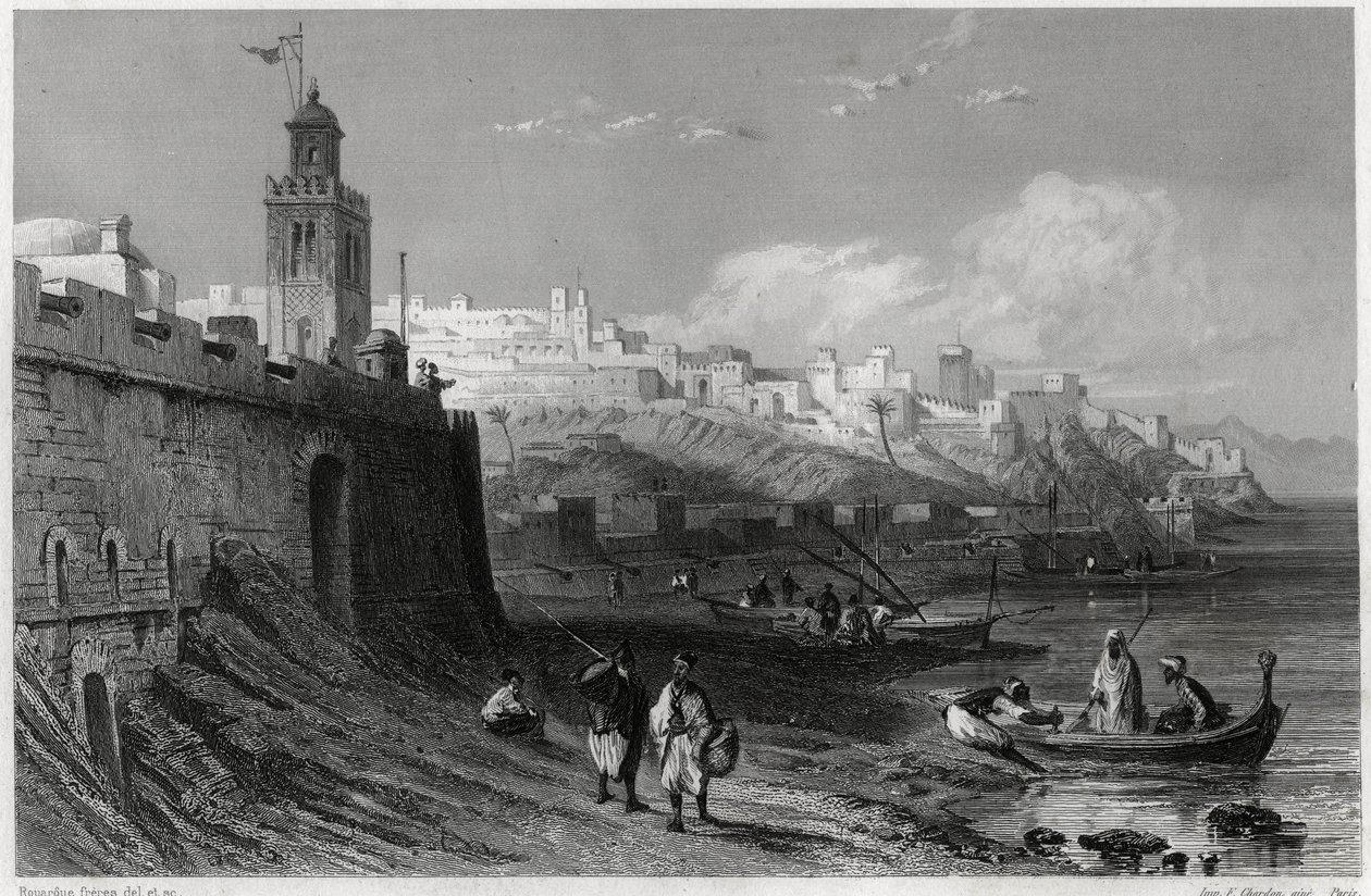 De pittoreske haven van de versterkte stad Tanger in de 19e eeuw, in het boek over de Middellandse Zee door Louis Enault, een Franse journalist en reiziger door Unbekannt