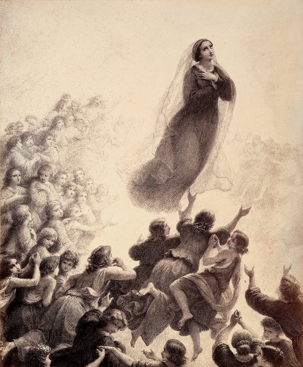 De geesten van de gezegenden, met uitgestrekte armen, begeleiden Maria