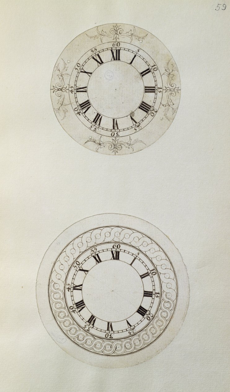 Twee ontwerpen voor grote emaille horlogewijzerplaten, uit mechanische notities en tekeningen samengesteld door John Harrison (1693-1776) en zijn zoon William (c.1726-72) door Unbekannt