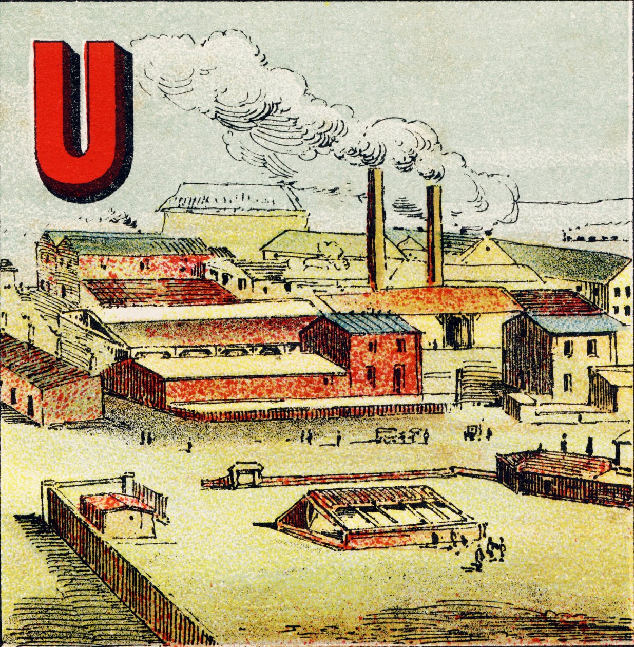 U : Fabriek. Een fabriek is een enorme werkplaats met veel machines; zoals in de gigantische fabriek van Le Creusot - Gravure uit Alphabet geographique. Guerin-Muller et Cie, uitgevers, Parijs door Unbekannt