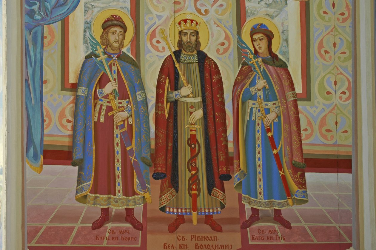 Oekraïne, Kiev, St. Michaëls Orthodox Klooster (orig 1108, herbouwd 2001), externe fresco door Unbekannt
