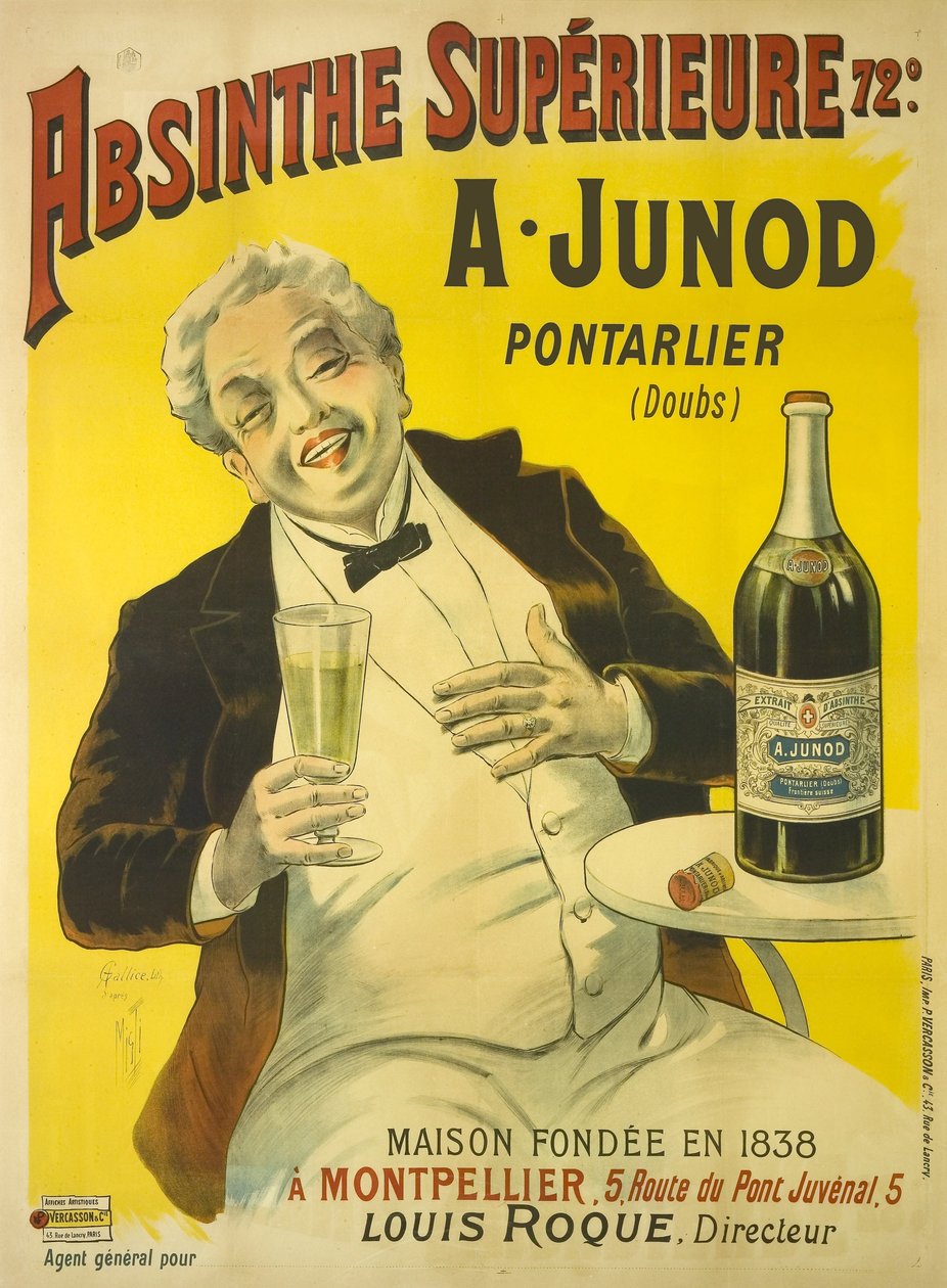 Een man die op een terras van een café zit en in lachen uitbarst terwijl hij een glas absint drinkt door Unbekannt