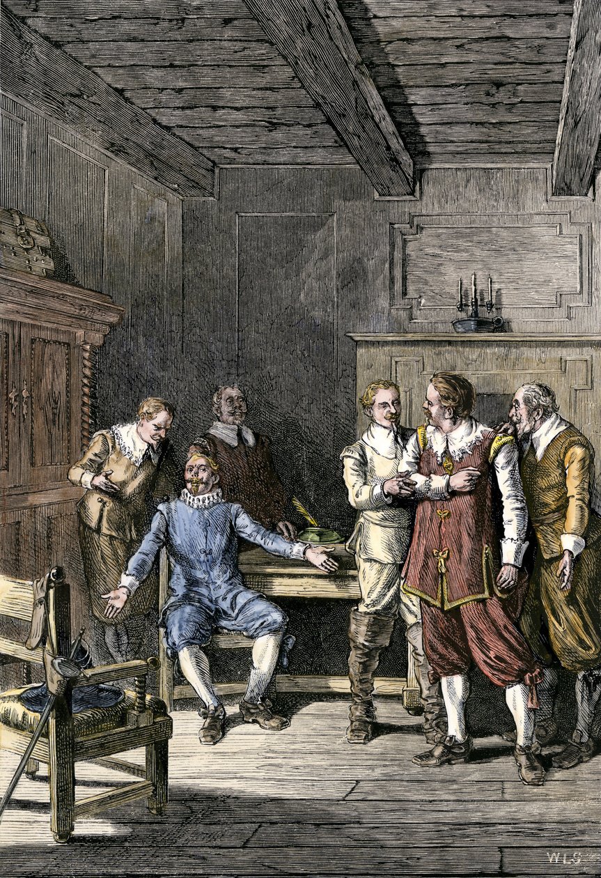 Verenigde Staten, Massachusetts: Geschil tussen John Winthrop (1588-1649) en Thomas Dudley (1576-1653) in de Massachusetts Bay Colony. Kleurgravure uit de 19e eeuw door Unbekannter Künstler