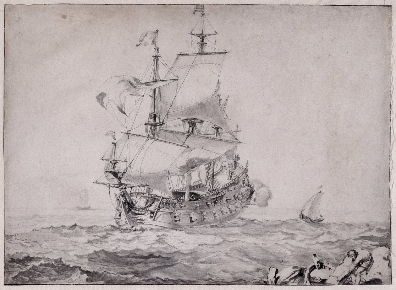 Schepen op zee die het kanon afvuren - tekening door Pierre Puget (1620-1694) 17e eeuw door Unbekannter Künstler