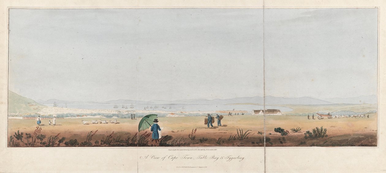 Uitzicht op Kaapstad, Tafelbaai en de Tygerberg-heuvels (Zuid-Afrika). Lithografie door J.W. Burchell door Unbekannter Künstler