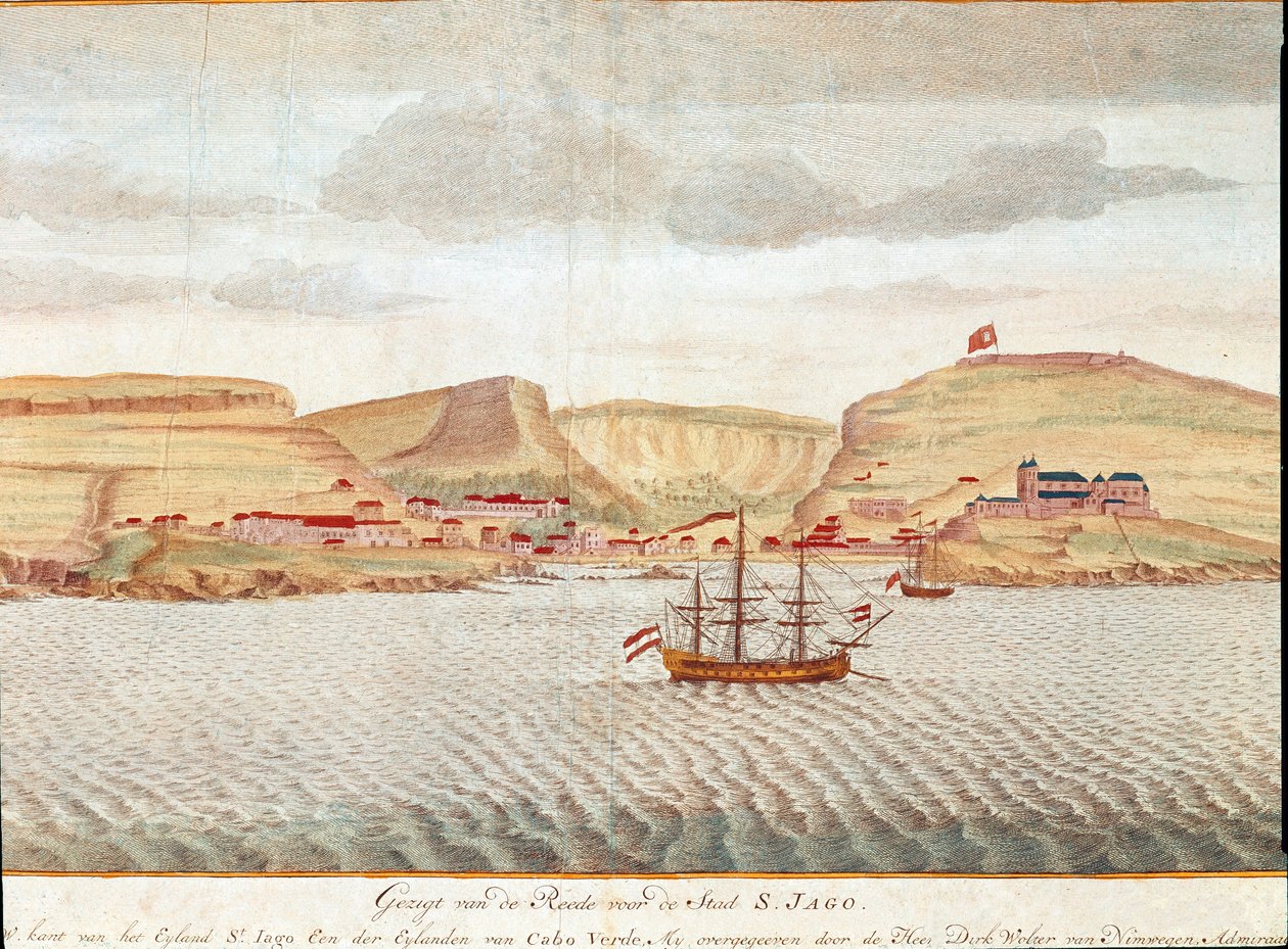 Uitzicht op Sao Tiago (Santiago) in Kaapverdië (tekening) door Unbekannter Künstler