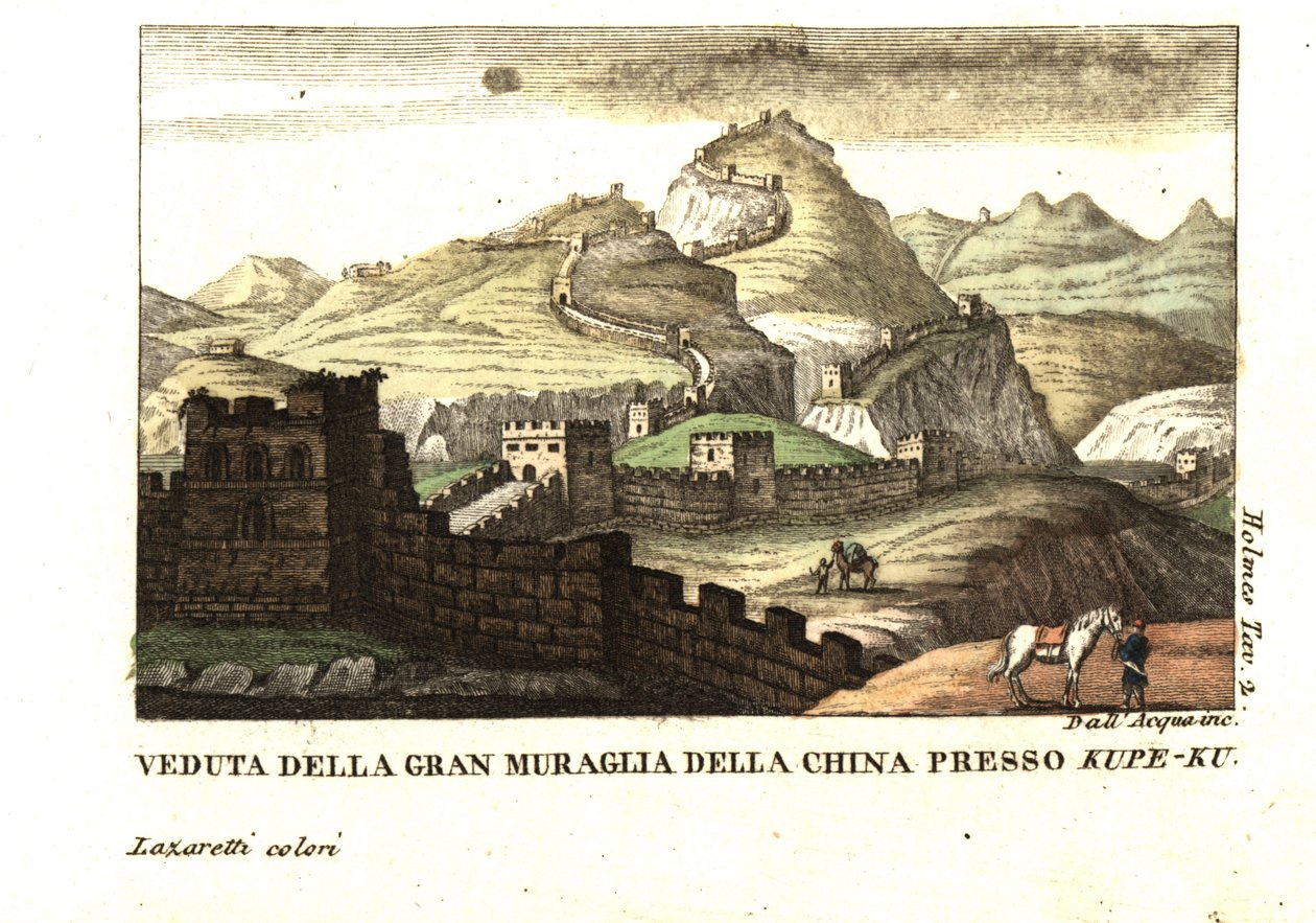 Uitzicht op de Grote Muur van China bij Kou-Pee-Keow, bij de pas tussen China en Oost-Tartary. Uit Samuel Holmes (18e-19e eeuw) Journal of a Voyage to China and Tartary. Kopergravure door dell