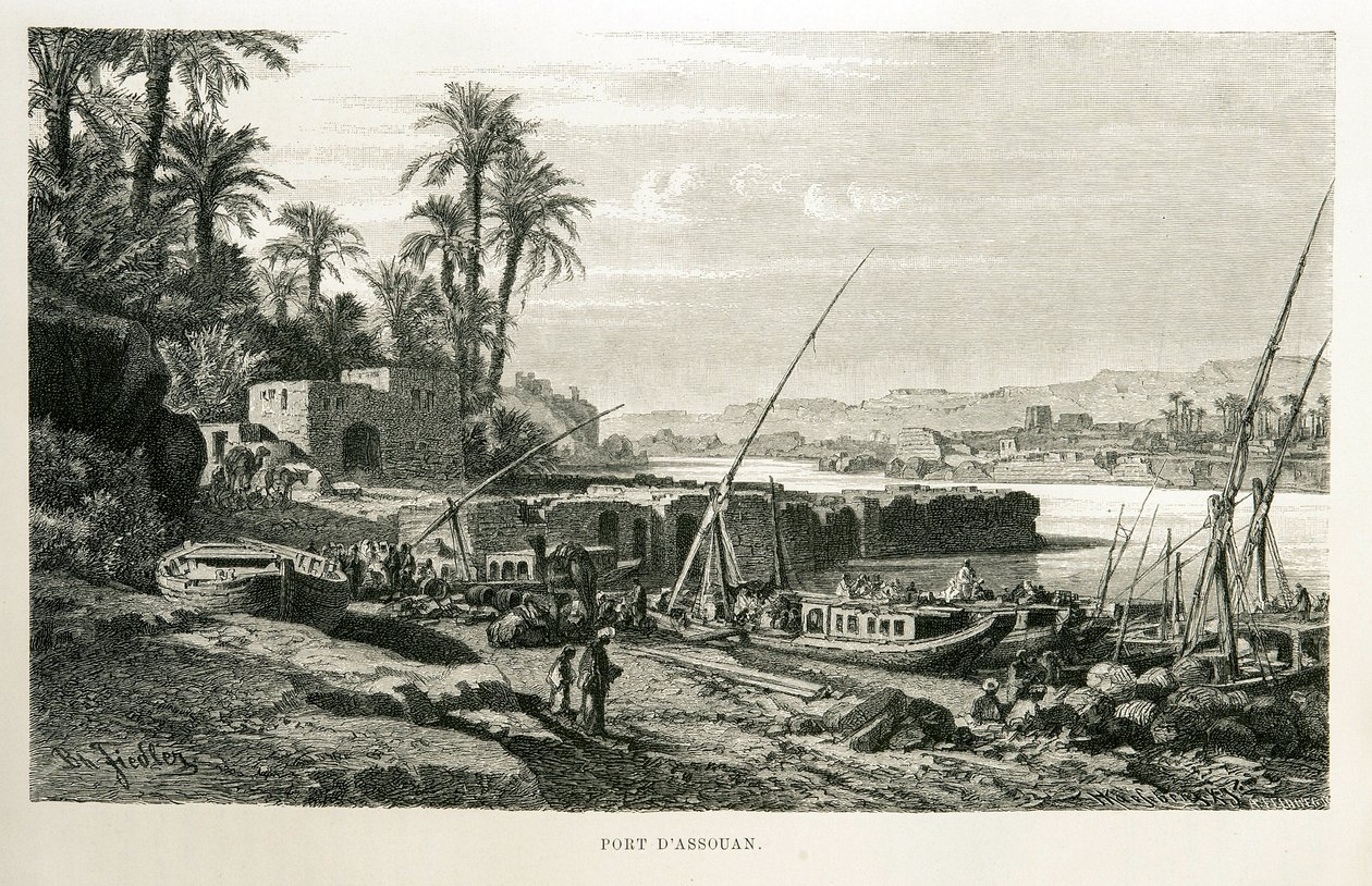 Uitzicht op de haven van Aswan in Egypte - Illustratie uit de Atlas van Egypte door Unknown