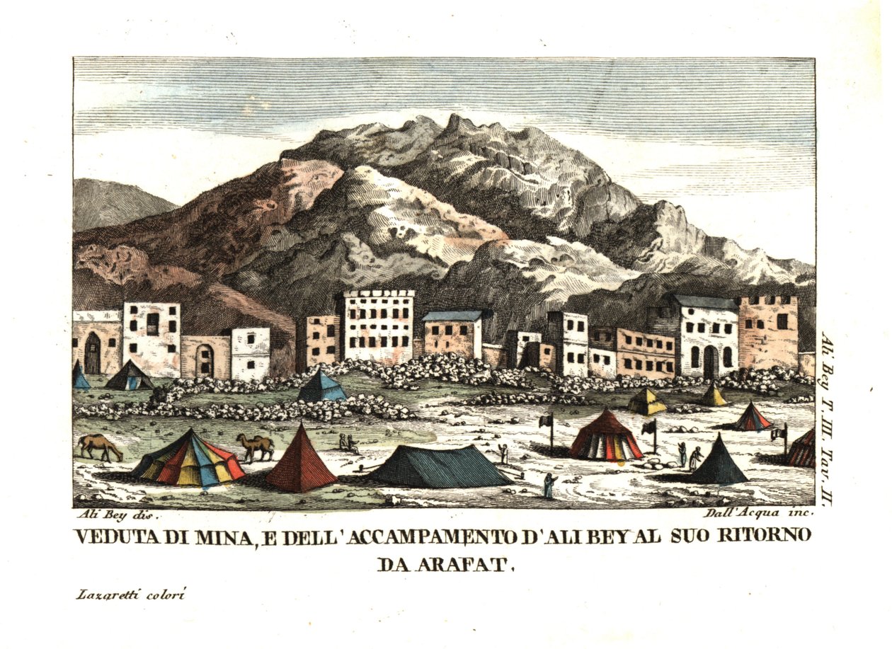 Uitzicht op het dorp Mina, in de woestijn van Arafat (Tent City, Mekka, Saoedi-Arabië). Illustratie door Ali Bey el Abbassi uit zijn reizen in Marokko, Tripoli, Cyprus, Egypte, Arabië, Syrië en Turkije, Londen 1816. Kopergravure door dell