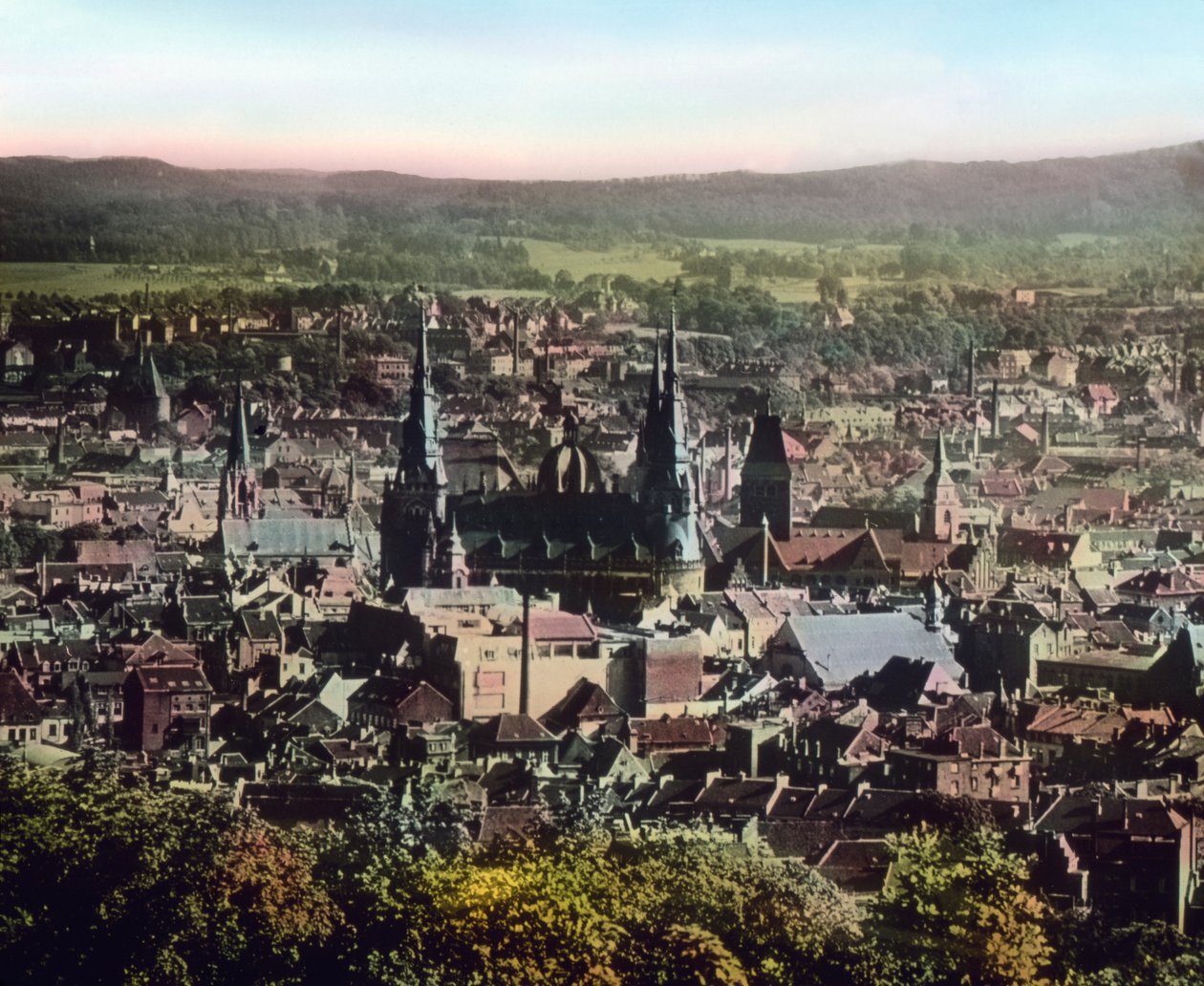 Uitzicht op de stad Aken met de kathedraal in het stadscentrum door Unbekannter Künstler