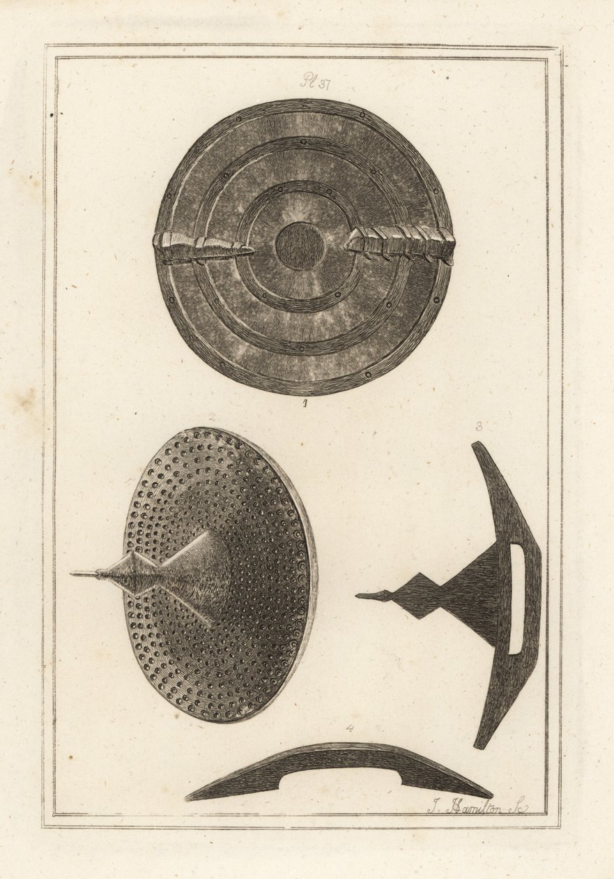 Zichten van een oude concave rondel met umbo of spike gemaakt van leer, ijzeren plaat en koperen spijkers door Unbekannt