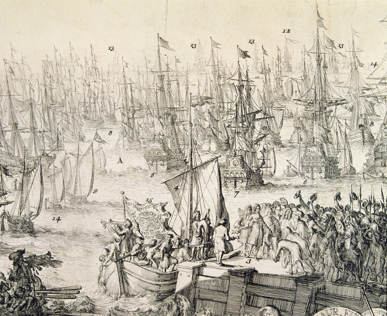 Willem van Oranje vertrekt naar Engeland in november 1688 (gravure) door Unbekannter Künstler