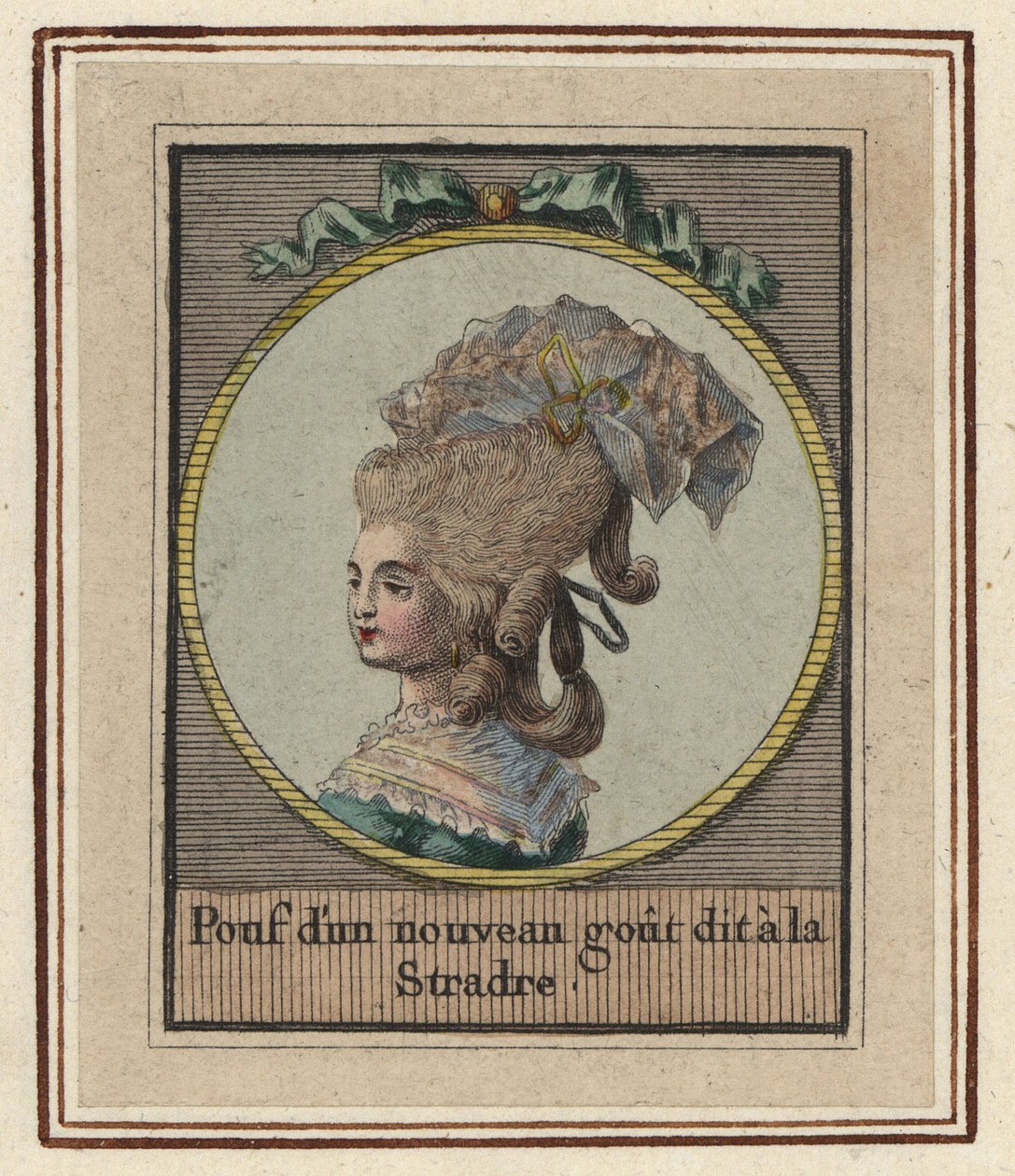 Vrouw in een nieuwe stijl van pouf genaamd de Stradre. Handgekleurde kopergravure uit een Album van Modieuze Kapsels van 1783, Suite des Coeffures a la Mode en 1783, Enauts et Rapilly, Parijs door Unbekannter Künstler