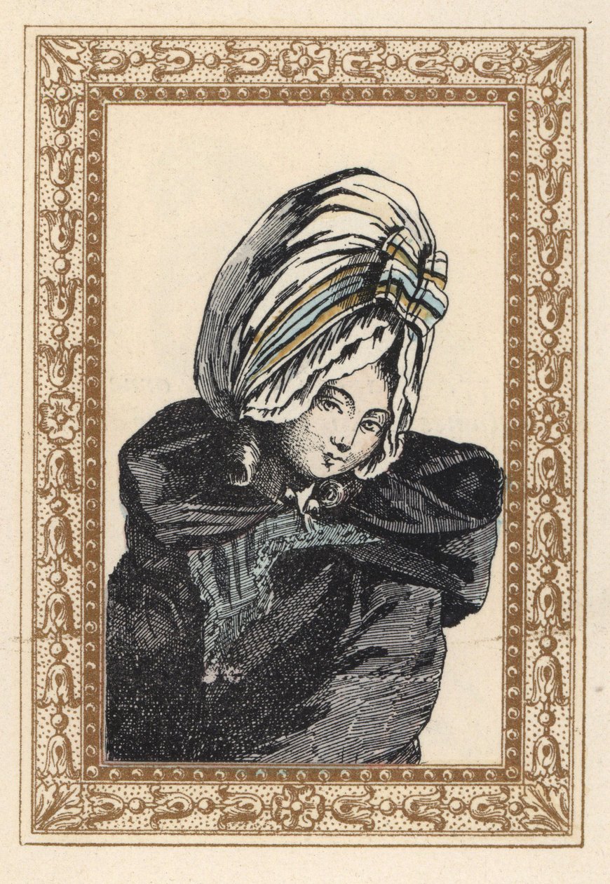 Vrouw in een nachtkaap en grote Voluptuese hoed. Handgekleurde lithografie door de Laubadere uit Octave Uzane
