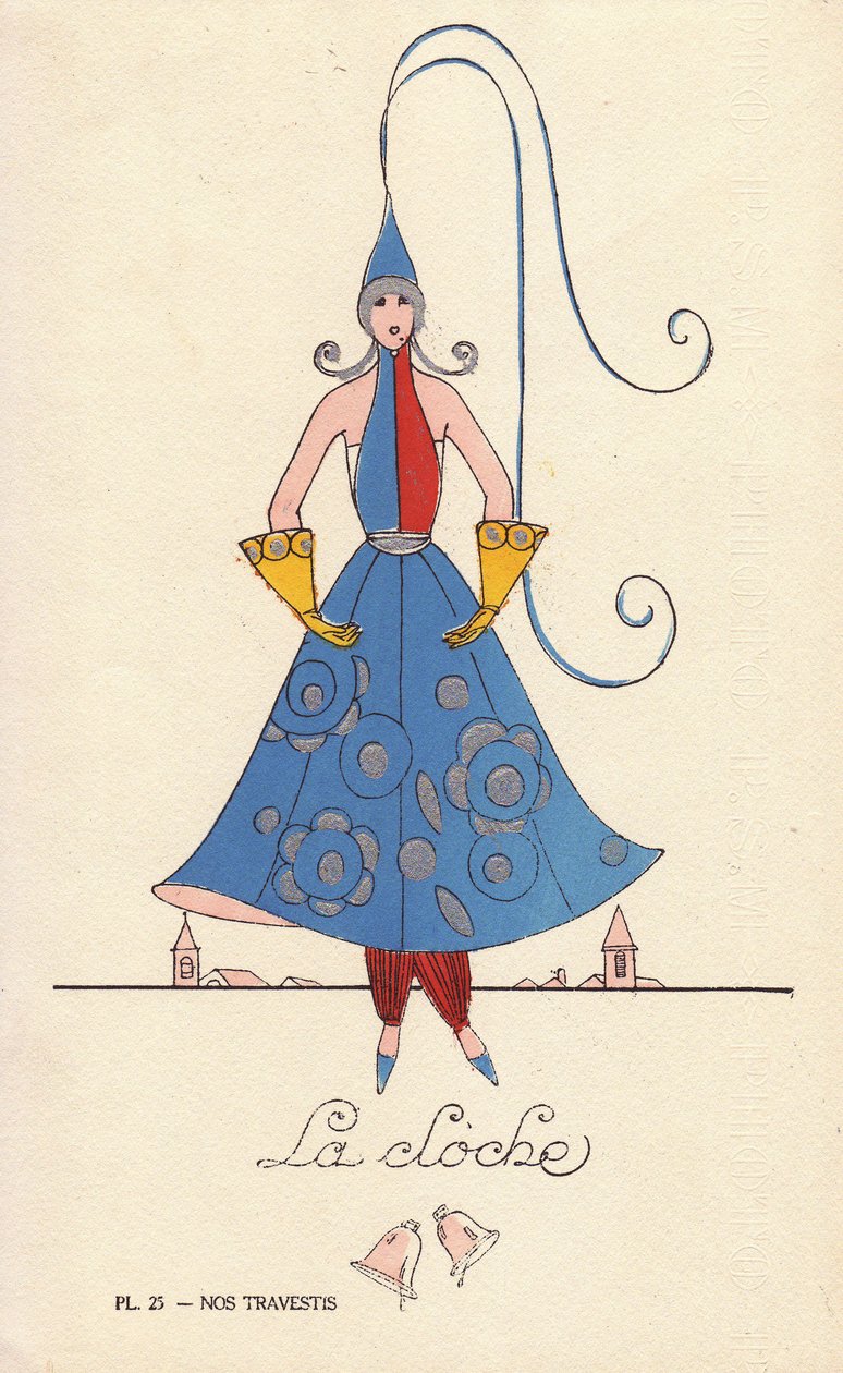 Vrouw in bel-fantasiemasker, la bel, met belvormige hoed, jurk en handschoenen, en klokkentorens op de achtergrond. Lithografie door onbekende kunstenaar met sjabloon handkleuring uit 
