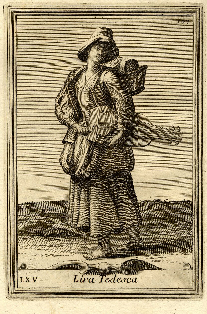 Vrouw die het oude wiel bespeelt (of "Lira tedesca" of "ghironda"). In "Gabinetto Armonico" door Filippo Bonanni, Rome door Unbekannter Künstler