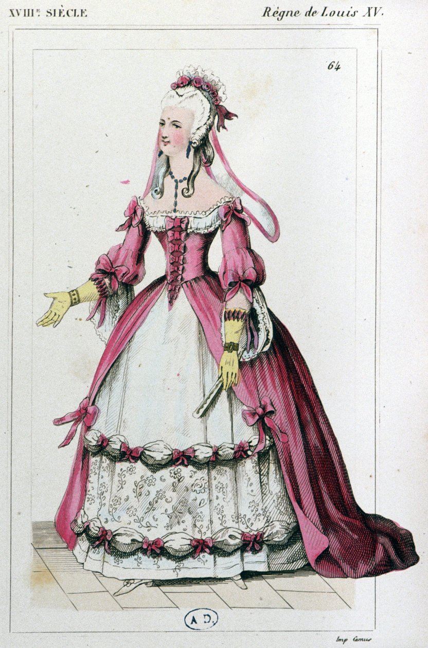 Vrouw gekleed als Mme de Pompadour, ca. 1810 (gravure) door Unbekannter Künstler