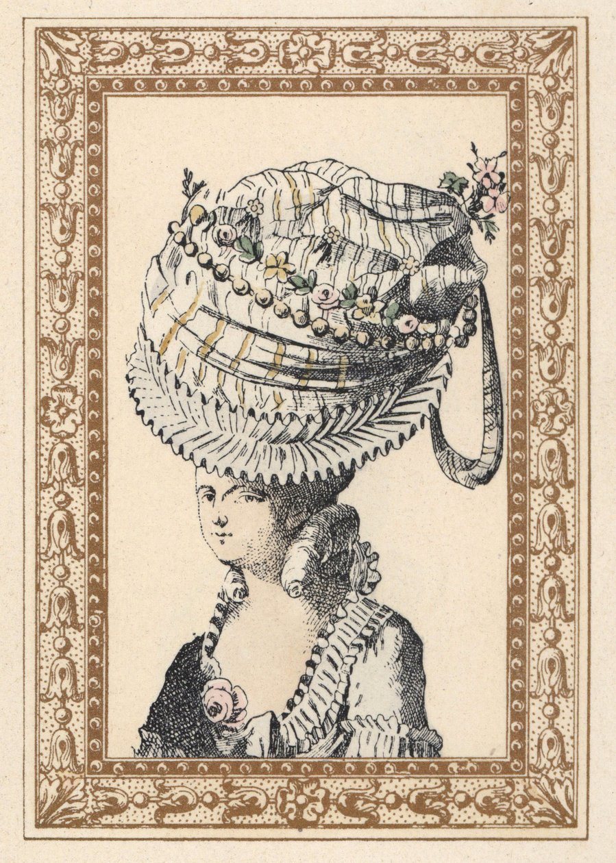 Vrouw met een enorme hoed genaamd het Geluk van de Eeuw. Handgekleurde lithografie door de Laubadere uit Octave Uzane