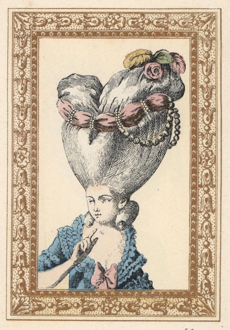 Vrouw met haar haar opgestoken over een pouf (steun) en versierd met bloemen, parels en een sjerp, genaamd de Vlo. De Pouf heeft de Chia. Handgekleurde lithografie door de Laubadere uit Octave Uzane