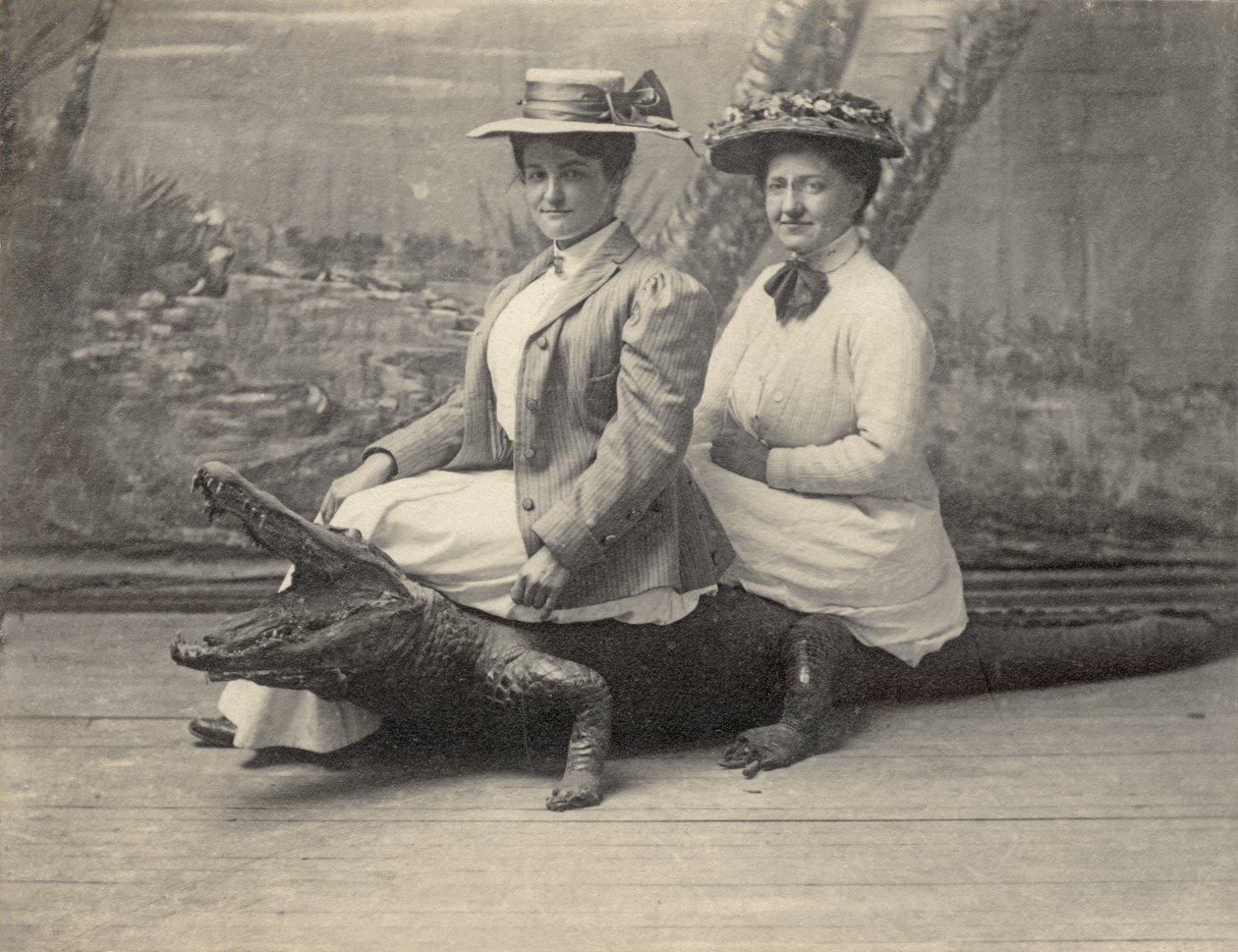 Vrouwen zittend op een opgezette alligator, ca. 1905 door Unbekannter Künstler
