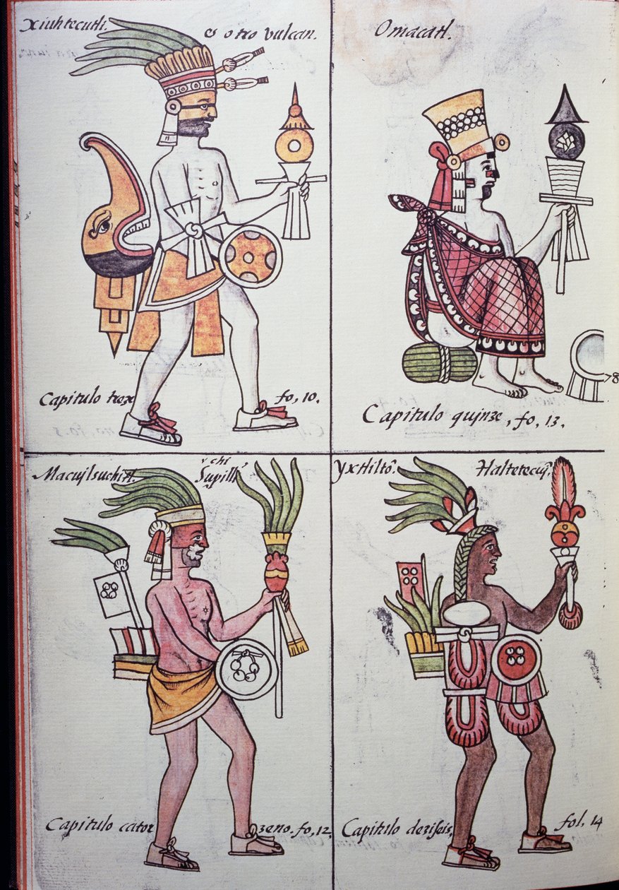 Xiuhtecuhtli, Omacatl, Macuilxochitl, Ixtlilton, Pagina uit Florentijnse Codex, Versie in Spaans en Nahuatl, Algemene Geschiedenis van de Dingen van Nieuw-Spanje (Historia general de las cosas de Nueva Espana), Azteeks door Benjamin Baud