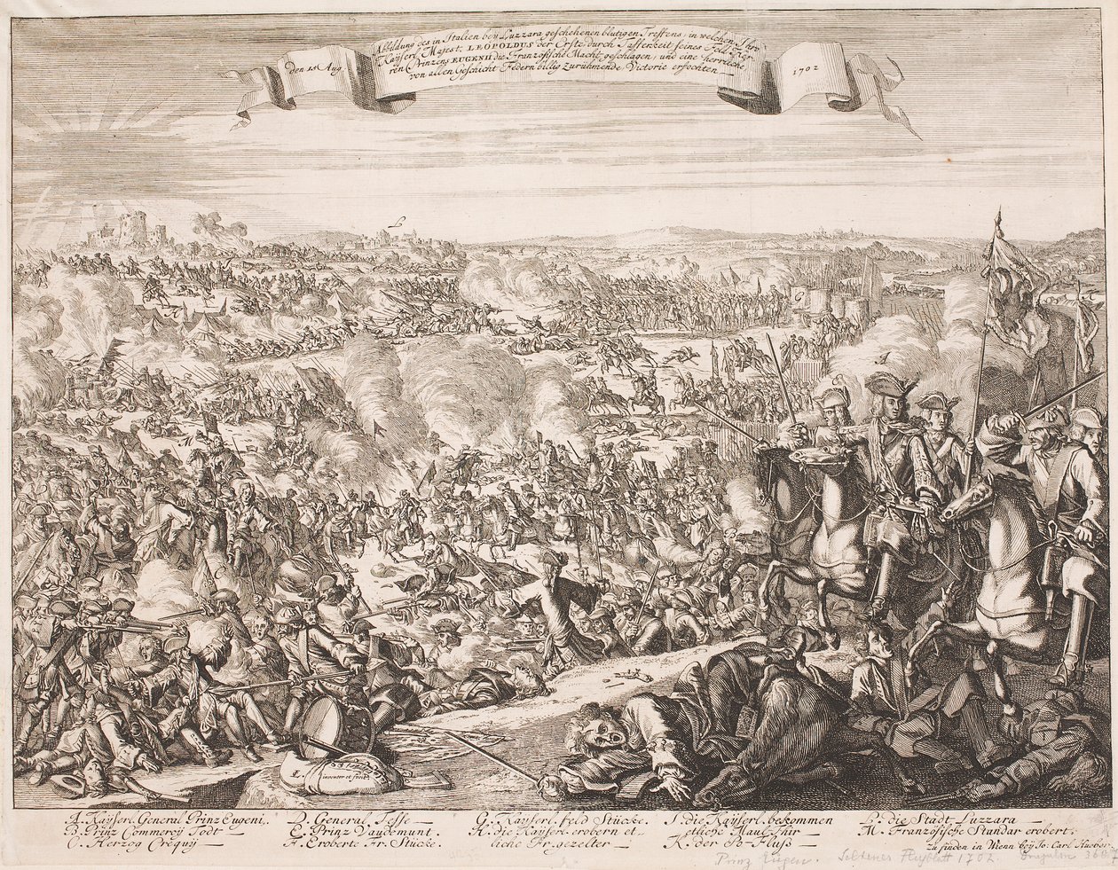 Pamflet over de slag bij Luzzara in 1702 door Unbekannter Stecher