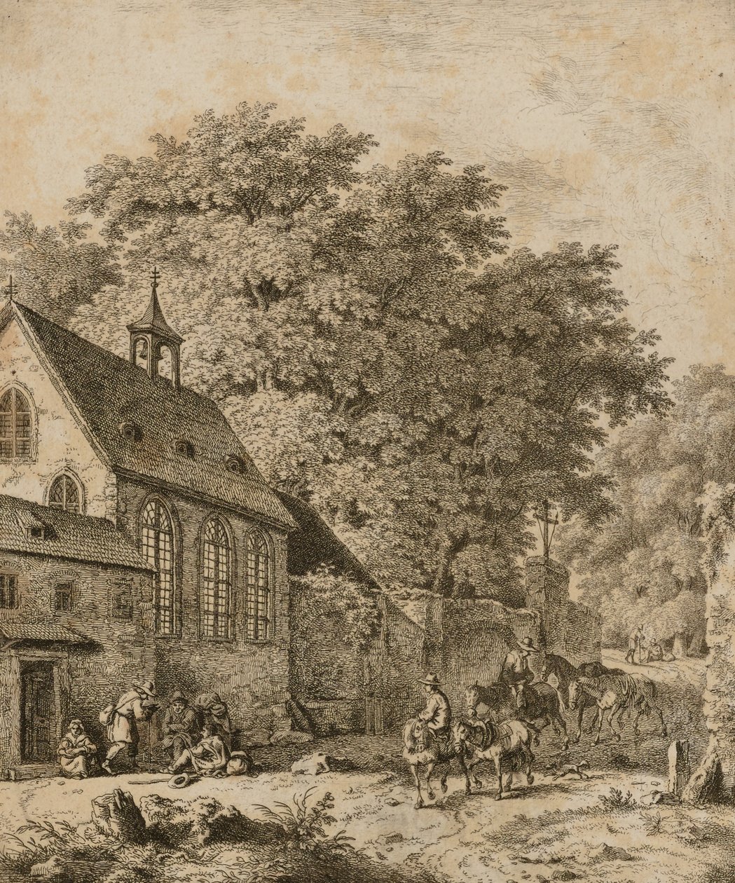 Landschap met kerk en boeren door Unidentified