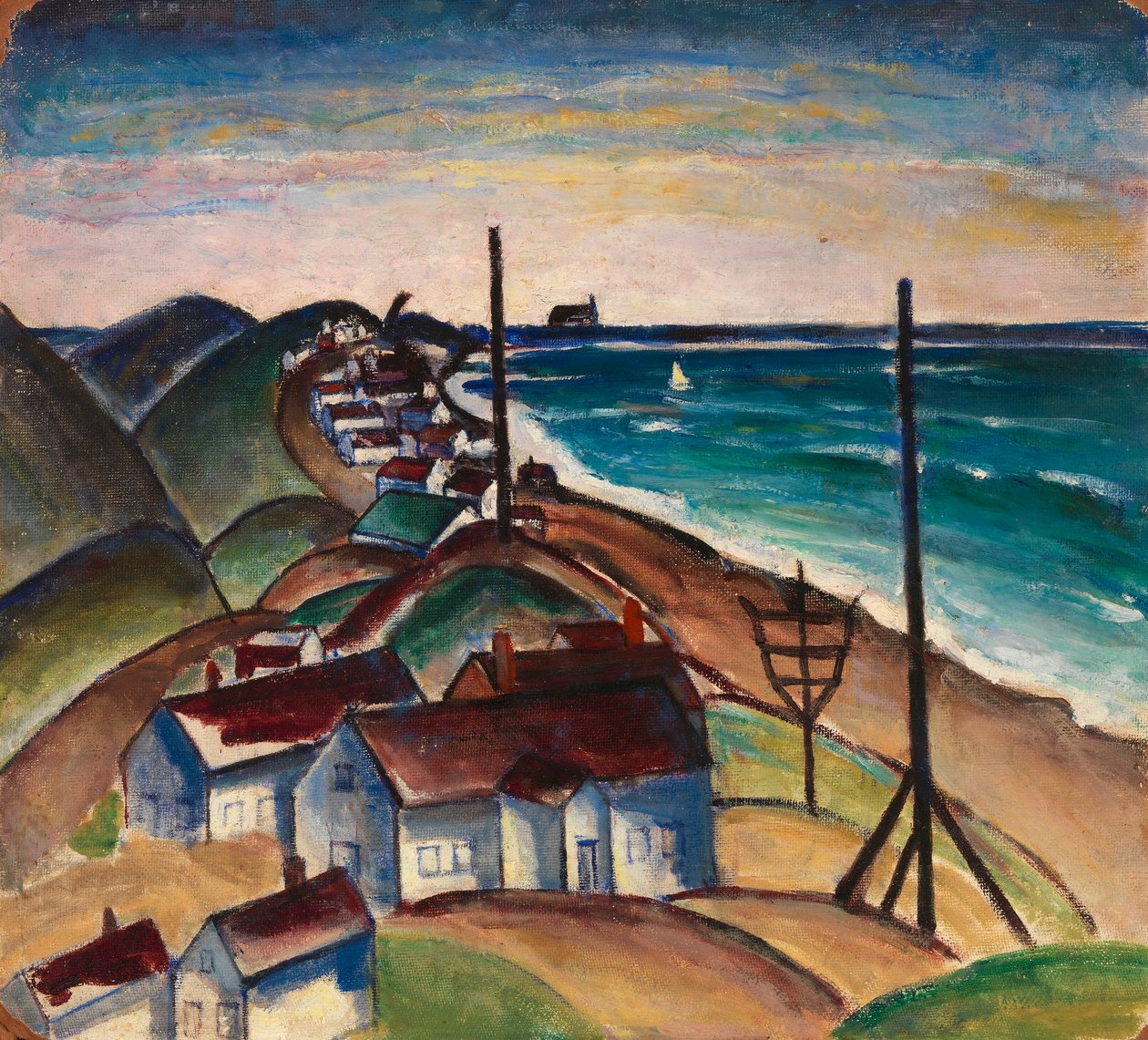 Zonder titel (Zeegezicht met huizen op strand) door Unidentified