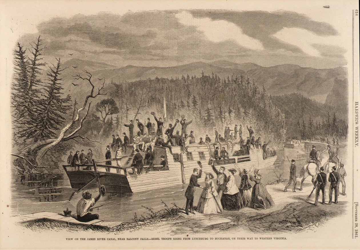Uitzicht op het James River kanaal, vlakbij Balcony Falls. -Rebel Troops Going from Lynchburg to Buchanan, on Their Way to Western Virginia, uit Harper