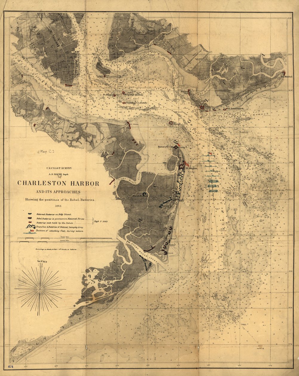 De haven van Charleston en de toegangswegen tonen de posities van de rebellenbatterijen. LOC 99448827 door United States Coast Survey